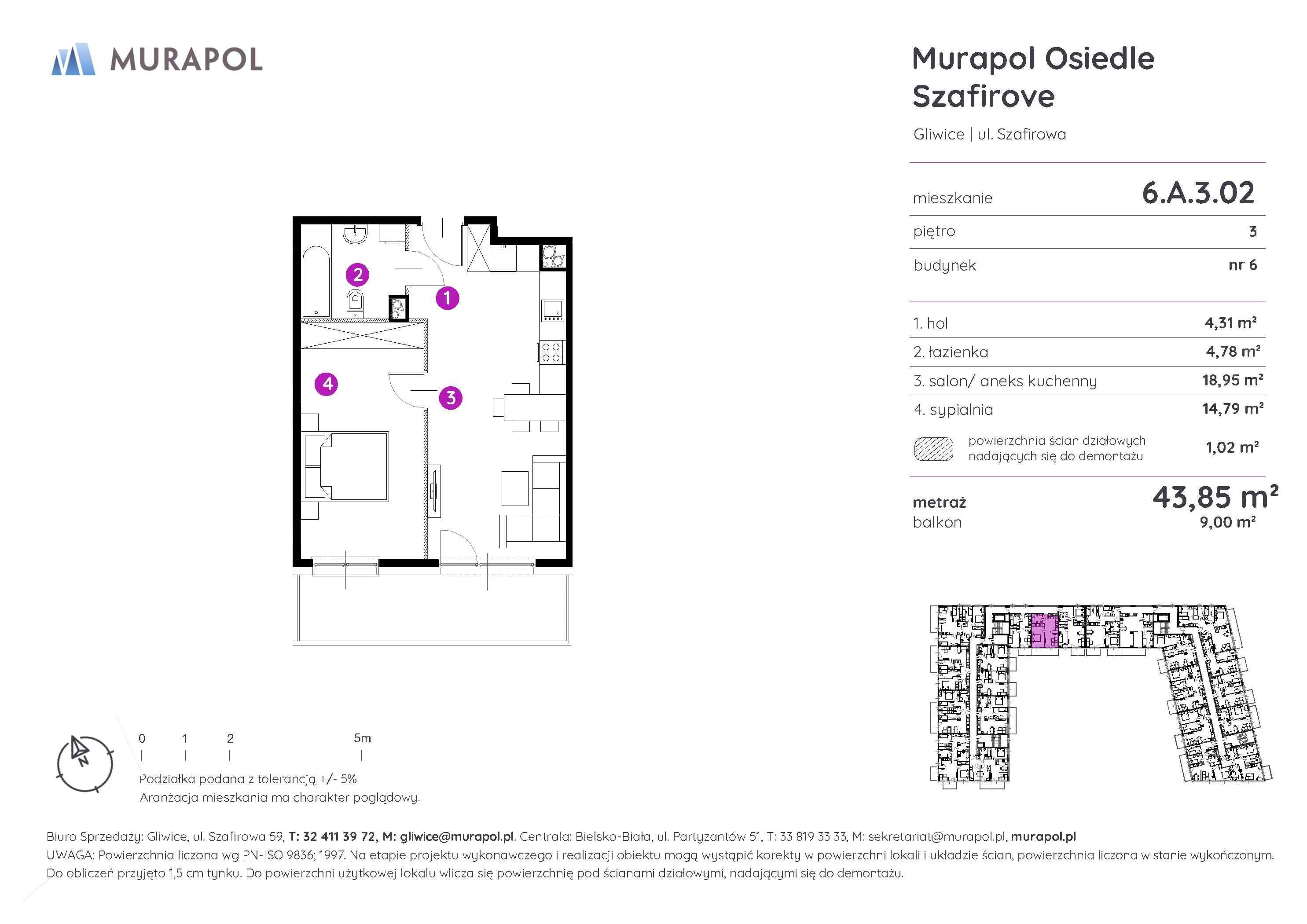 2 pokoje, mieszkanie 43,85 m², piętro 3, oferta nr 6.A.3.02, Murapol Osiedle Szafirove, Gliwice, Stare Gliwice, ul. Szafirowa