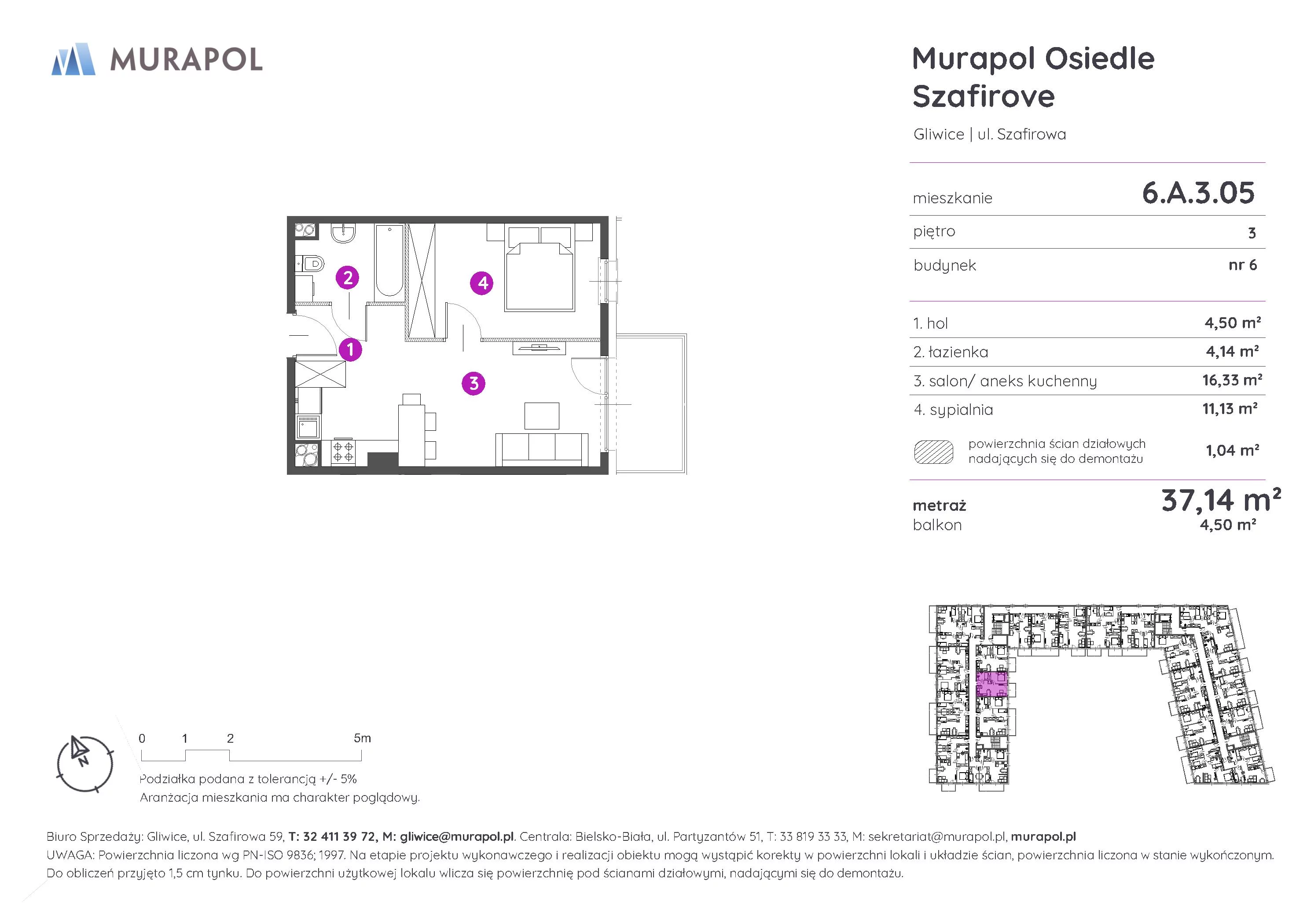 2 pokoje, mieszkanie 37,14 m², piętro 3, oferta nr 6.A.3.05, Murapol Osiedle Szafirove, Gliwice, Stare Gliwice, ul. Szafirowa