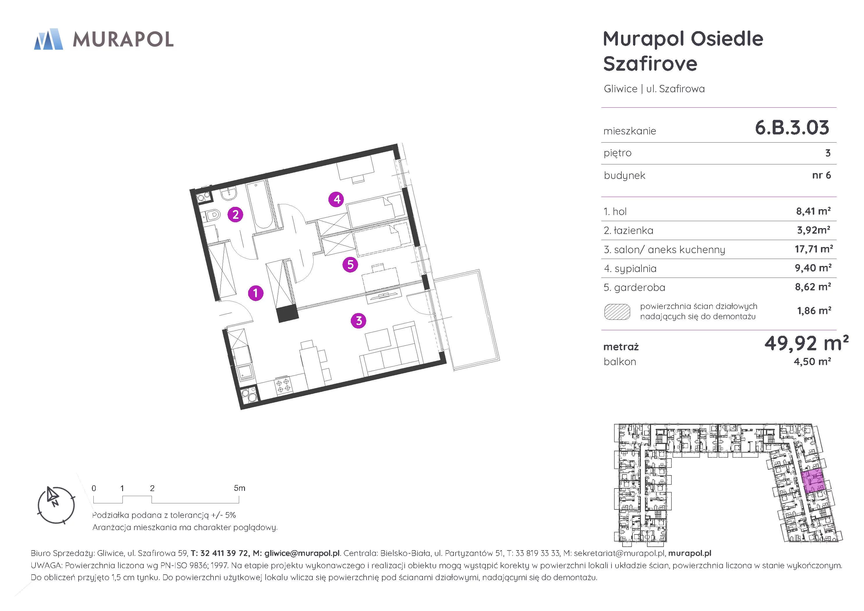 2 pokoje, mieszkanie 49,92 m², piętro 3, oferta nr 6.B.3.03, Murapol Osiedle Szafirove, Gliwice, Stare Gliwice, ul. Szafirowa