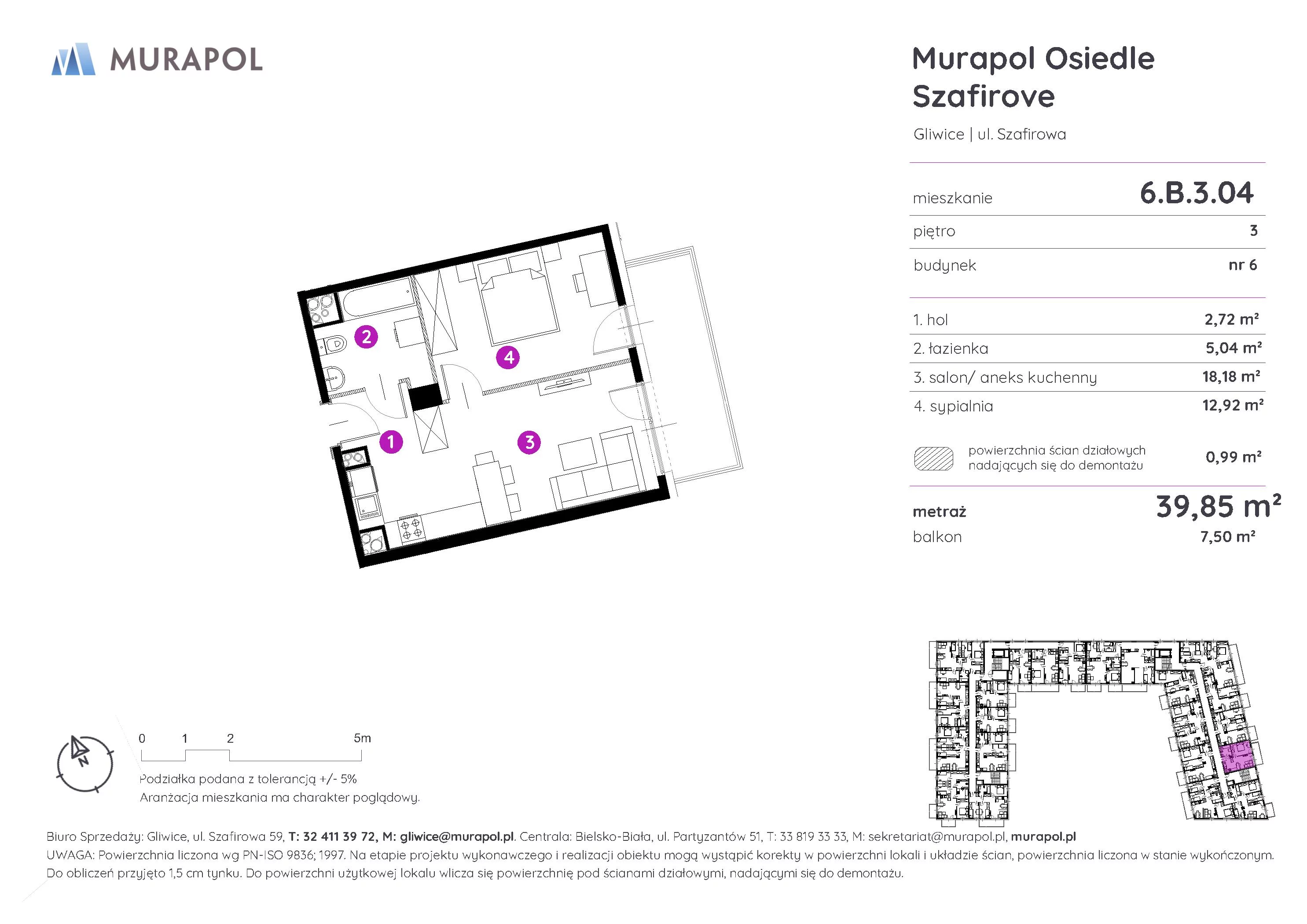 2 pokoje, mieszkanie 39,85 m², piętro 3, oferta nr 6.B.3.04, Murapol Osiedle Szafirove, Gliwice, Stare Gliwice, ul. Szafirowa