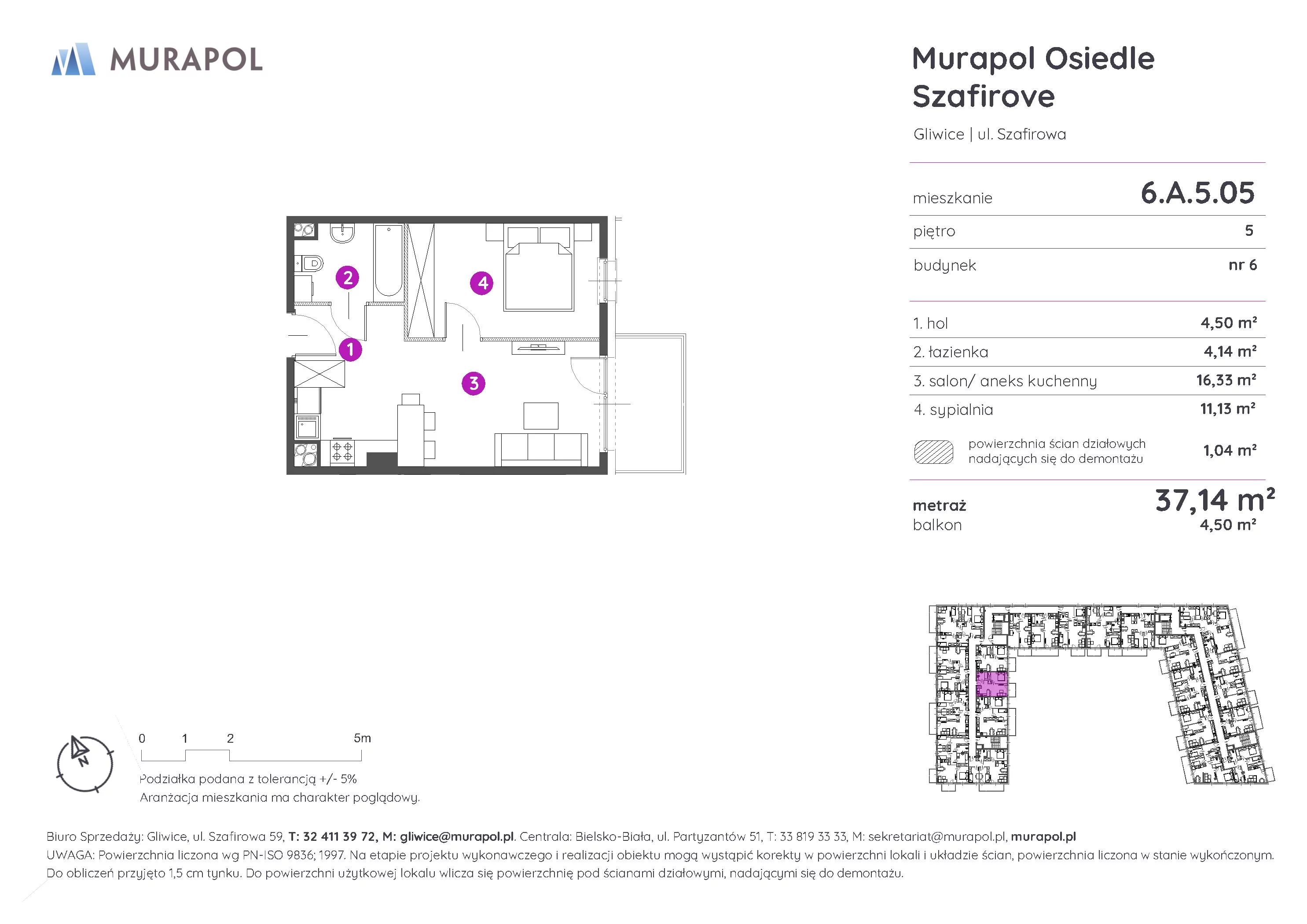 2 pokoje, mieszkanie 37,14 m², piętro 5, oferta nr 6.A.5.05, Murapol Osiedle Szafirove, Gliwice, Stare Gliwice, ul. Szafirowa
