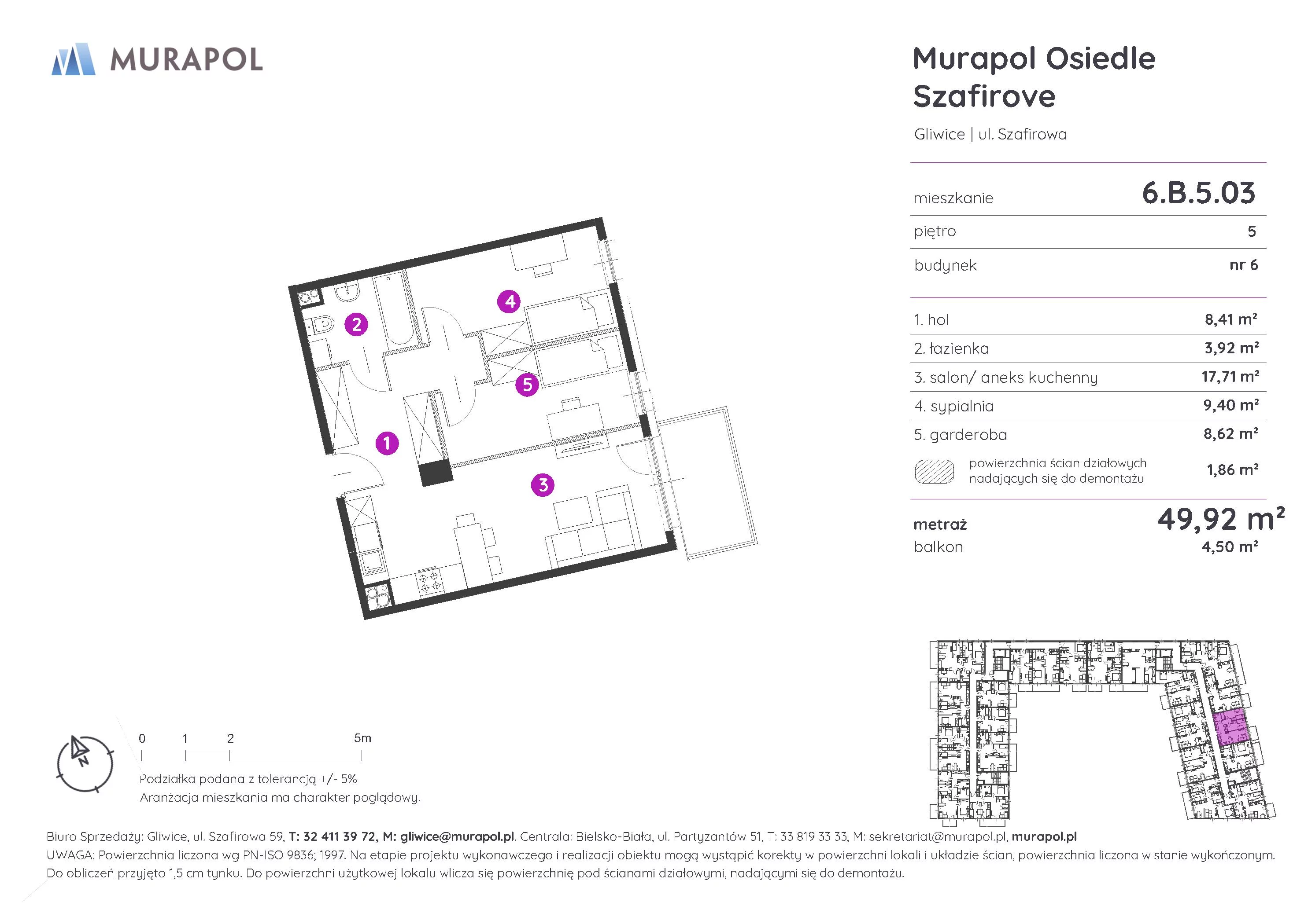 2 pokoje, mieszkanie 49,92 m², piętro 5, oferta nr 6.B.5.03, Murapol Osiedle Szafirove, Gliwice, Stare Gliwice, ul. Szafirowa