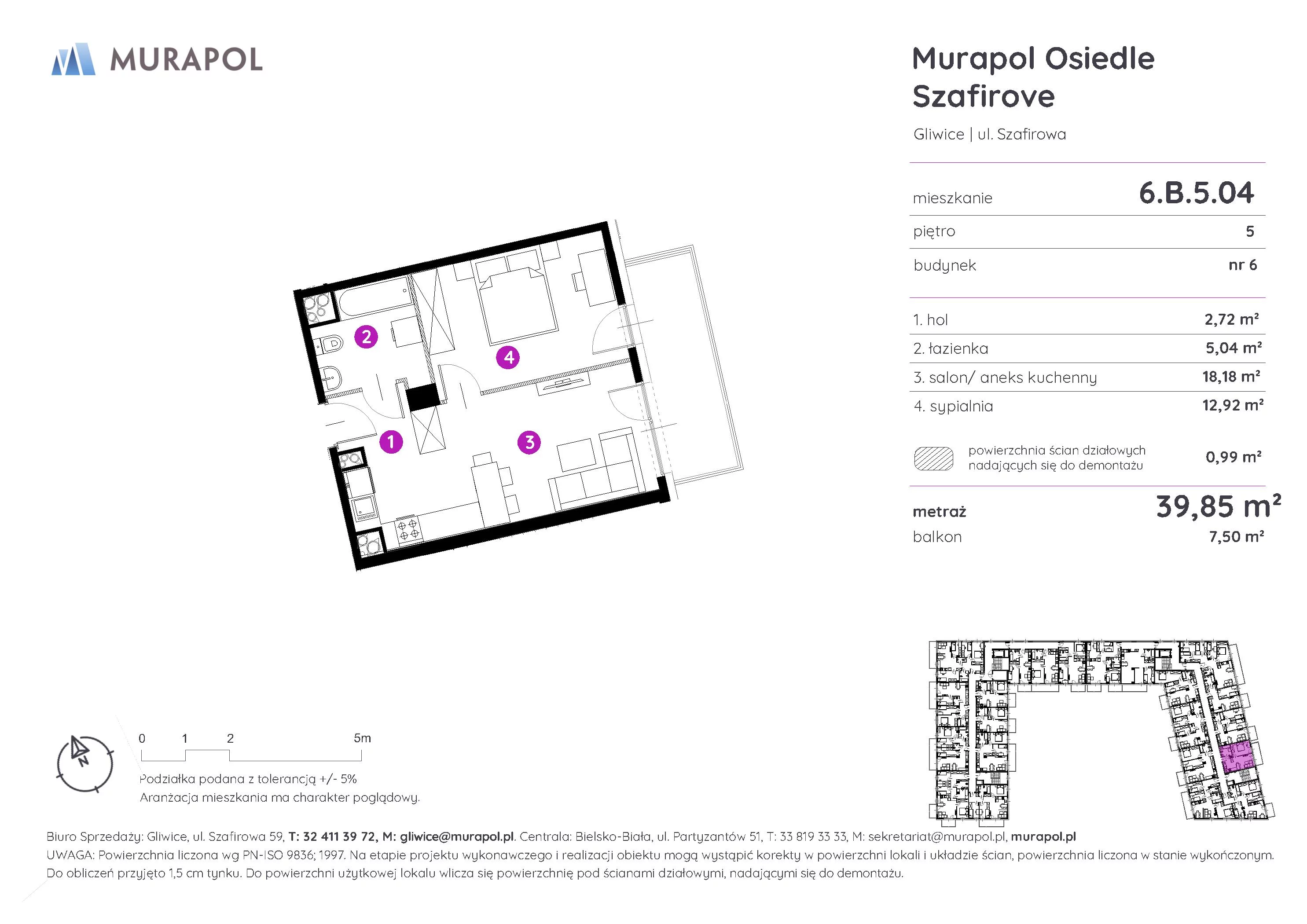 2 pokoje, mieszkanie 39,85 m², piętro 5, oferta nr 6.B.5.04, Murapol Osiedle Szafirove, Gliwice, Stare Gliwice, ul. Szafirowa