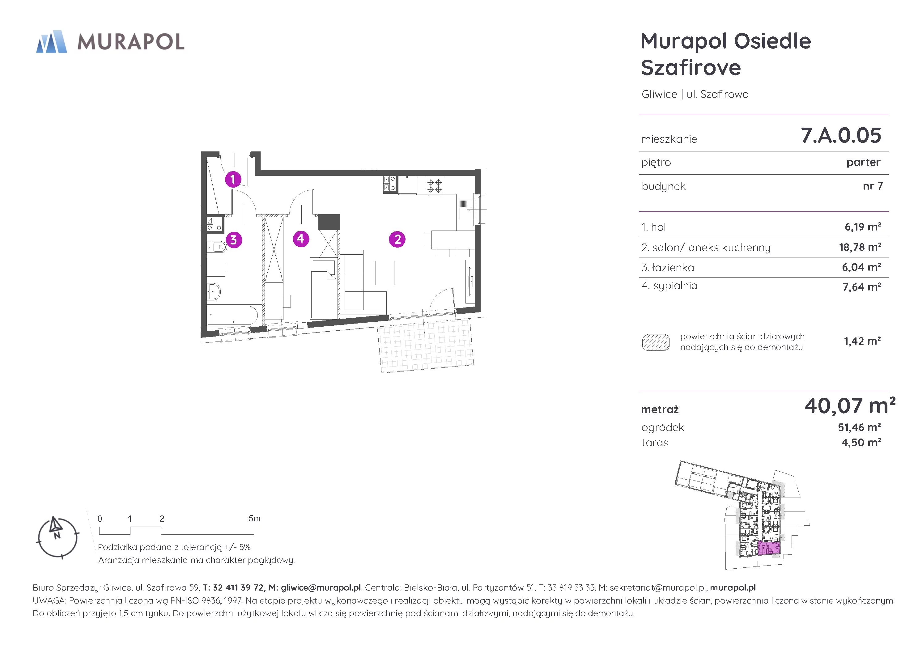 2 pokoje, mieszkanie 40,07 m², parter, oferta nr 7.A.0.05, Murapol Osiedle Szafirove, Gliwice, Stare Gliwice, ul. Szafirowa