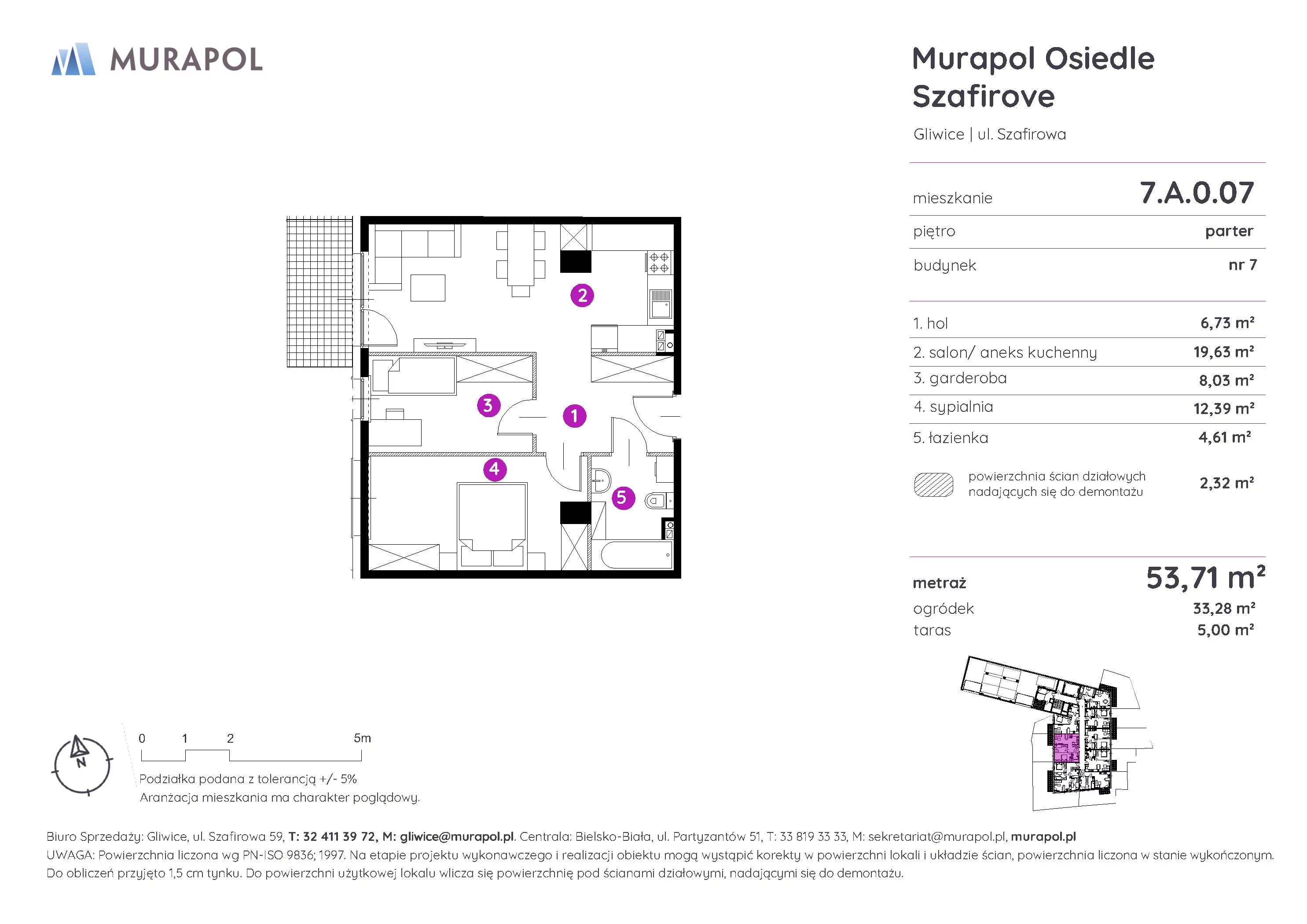 2 pokoje, mieszkanie 53,71 m², parter, oferta nr 7.A.0.07, Murapol Osiedle Szafirove, Gliwice, Stare Gliwice, ul. Szafirowa