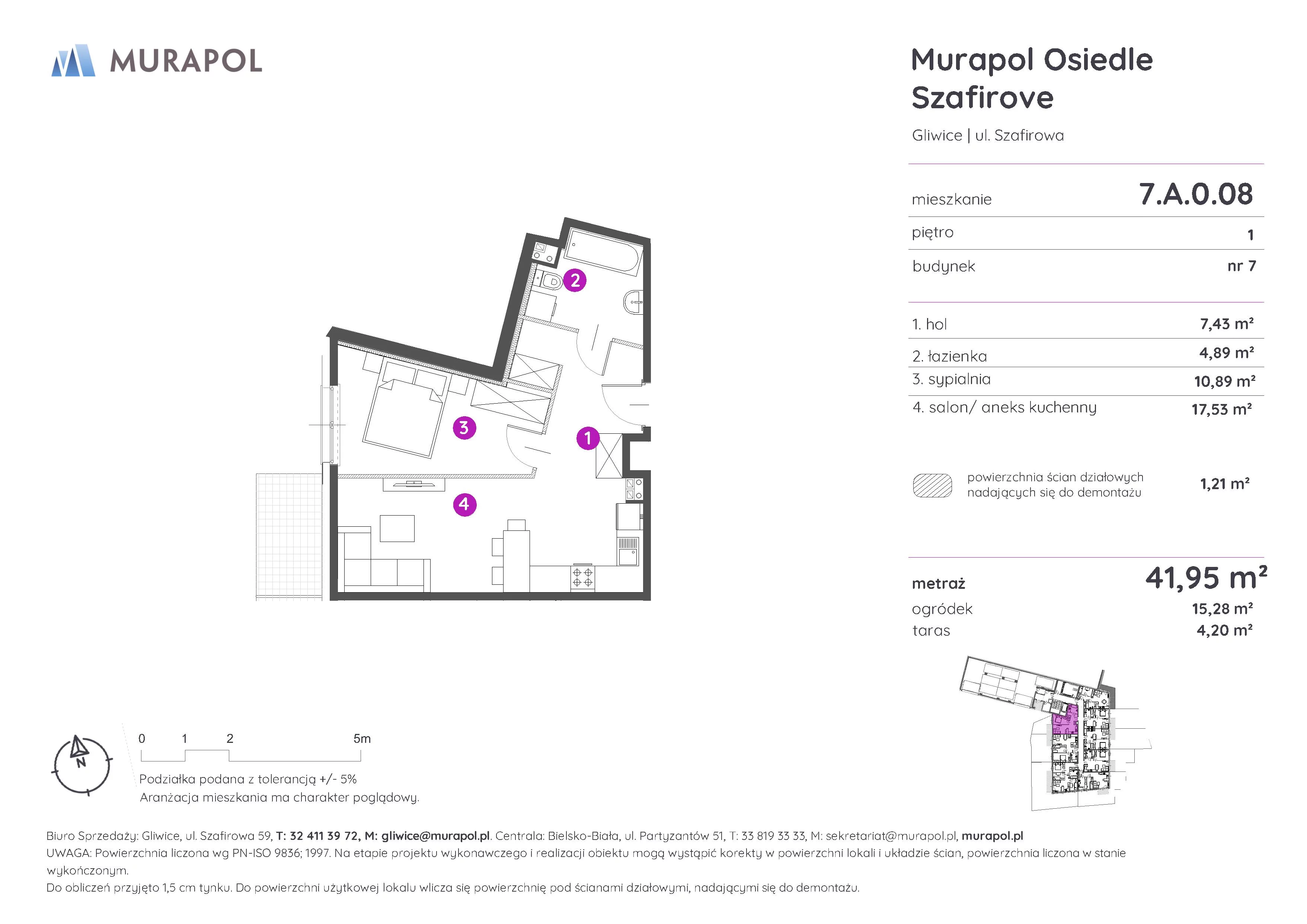2 pokoje, mieszkanie 41,95 m², parter, oferta nr 7.A.0.08, Murapol Osiedle Szafirove, Gliwice, Stare Gliwice, ul. Szafirowa