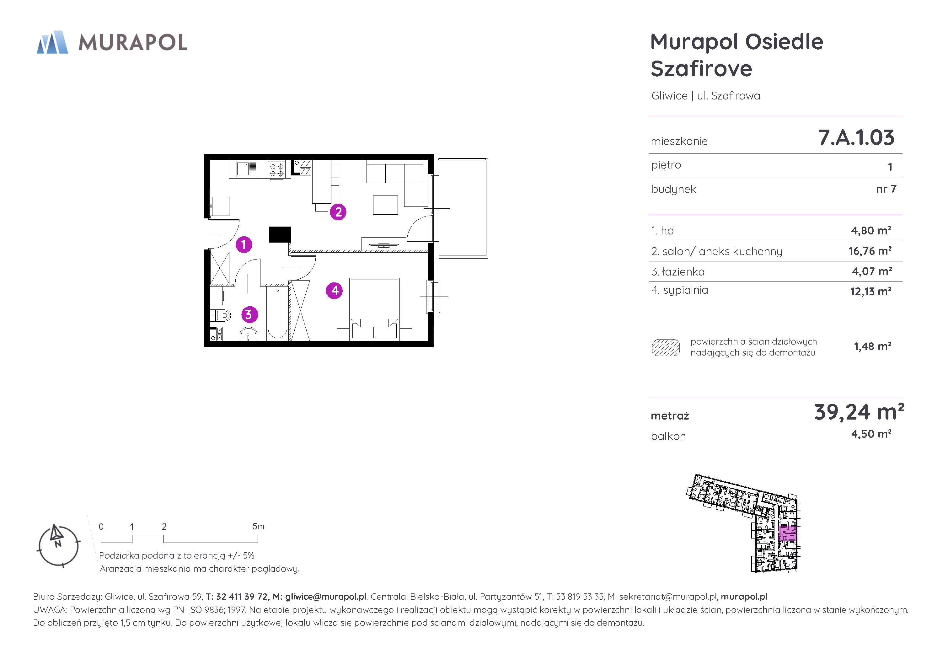 2 pokoje, mieszkanie 39,24 m², piętro 1, oferta nr 7.A.1.03, Murapol Osiedle Szafirove, Gliwice, Stare Gliwice, ul. Szafirowa