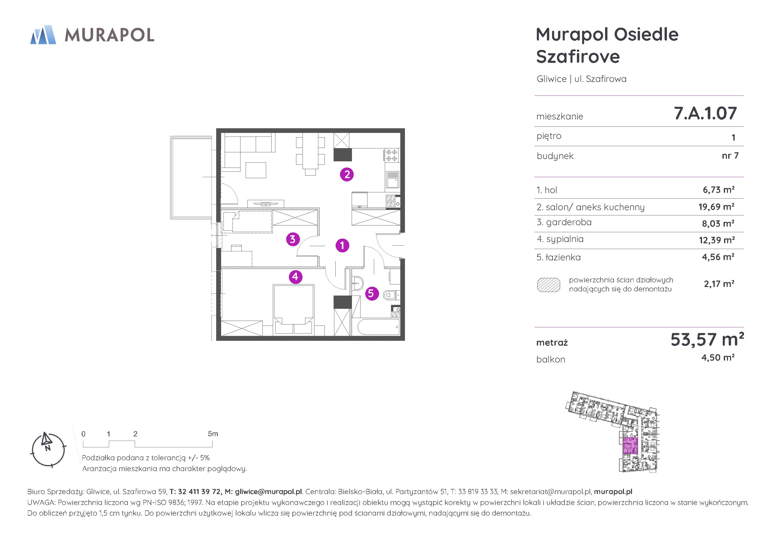 2 pokoje, mieszkanie 53,57 m², piętro 1, oferta nr 7.A.1.07, Murapol Osiedle Szafirove, Gliwice, Stare Gliwice, ul. Szafirowa