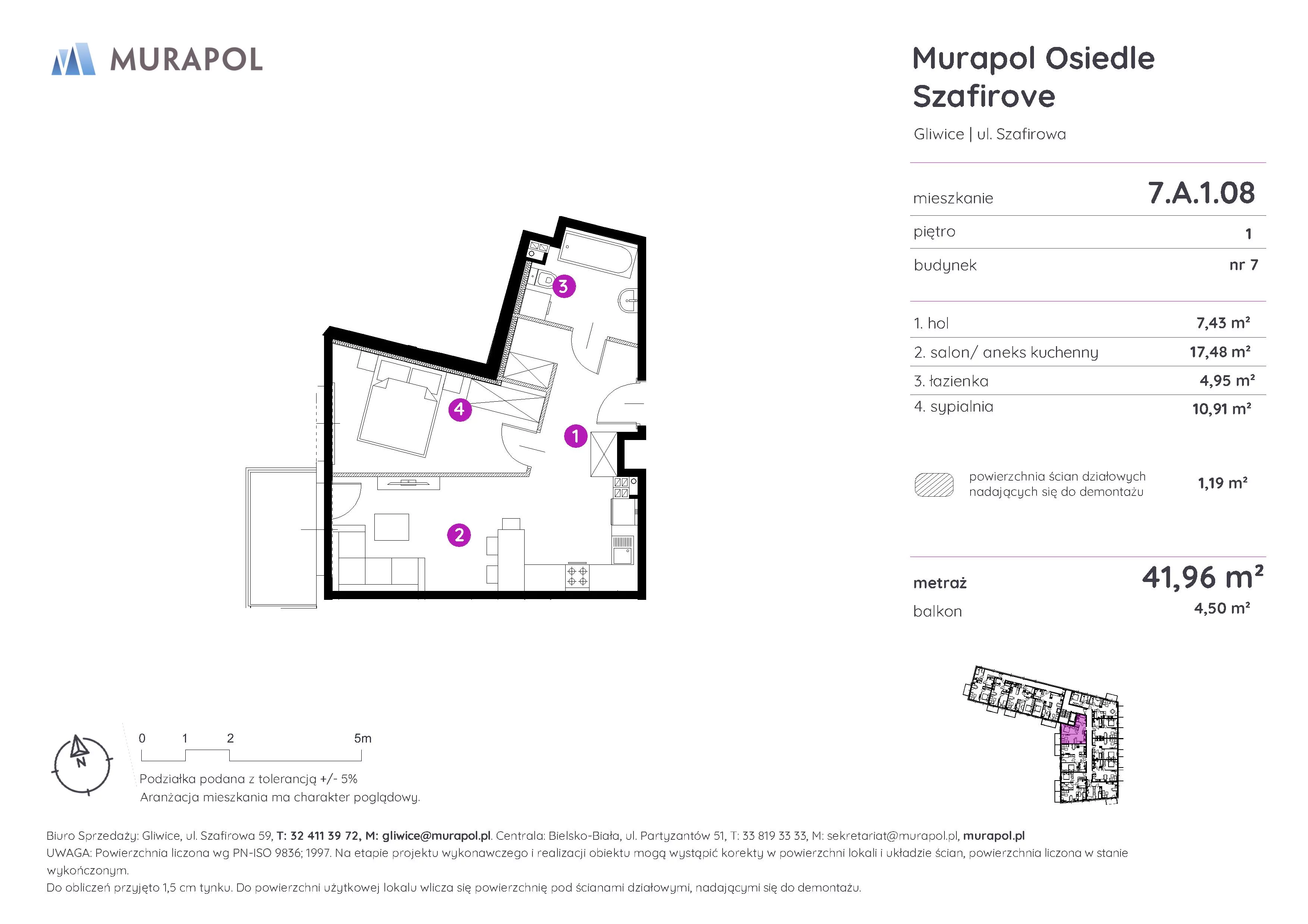 2 pokoje, mieszkanie 41,96 m², piętro 1, oferta nr 7.A.1.08, Murapol Osiedle Szafirove, Gliwice, Stare Gliwice, ul. Szafirowa