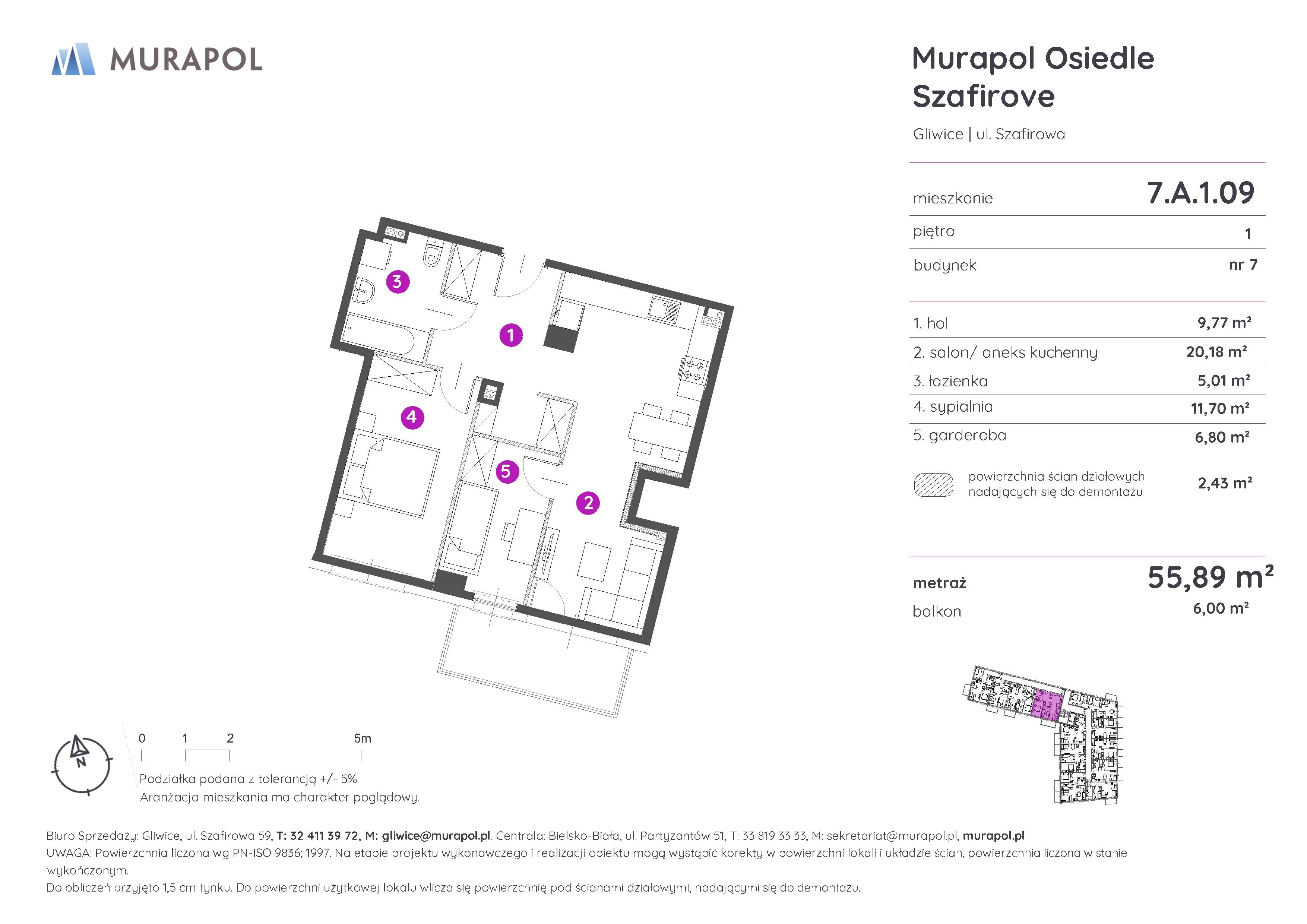 2 pokoje, mieszkanie 55,89 m², piętro 1, oferta nr 7.A.1.09, Murapol Osiedle Szafirove, Gliwice, Stare Gliwice, ul. Szafirowa