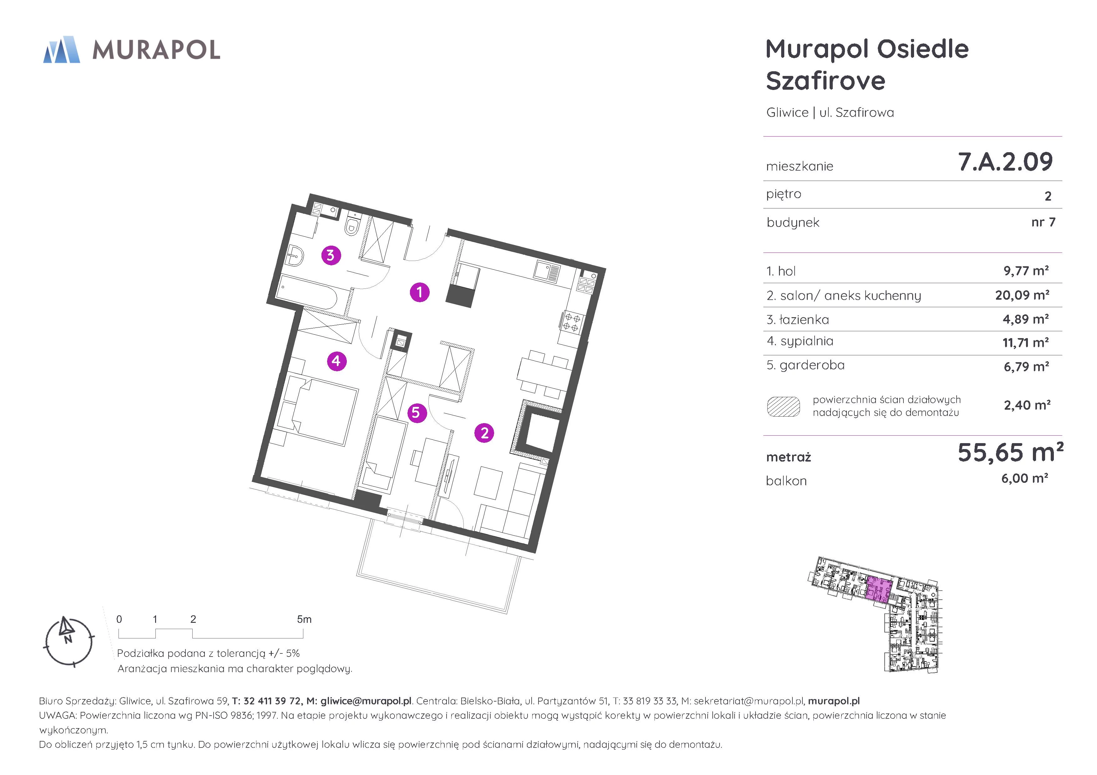 2 pokoje, mieszkanie 55,65 m², piętro 2, oferta nr 7.A.2.09, Murapol Osiedle Szafirove, Gliwice, Stare Gliwice, ul. Szafirowa