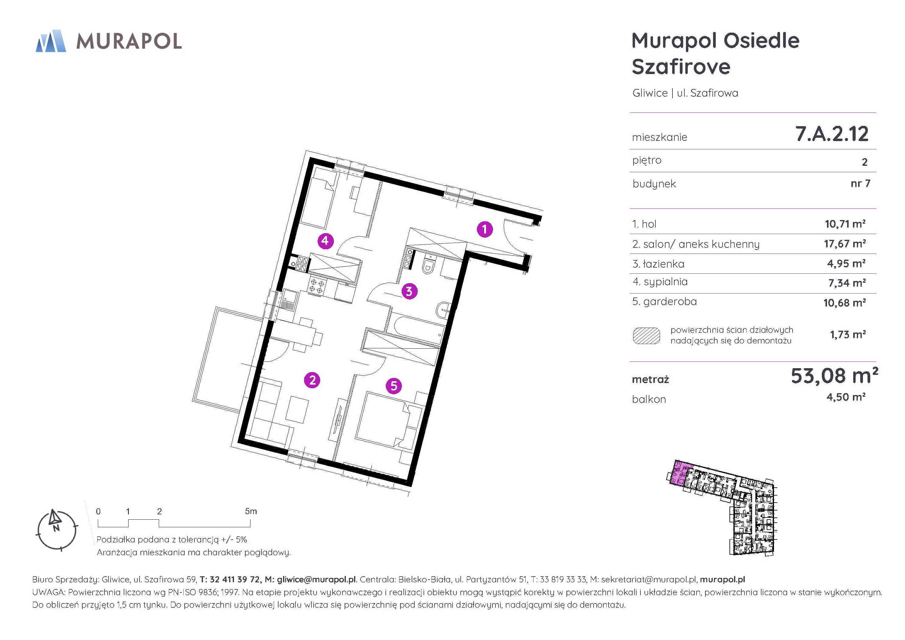 2 pokoje, mieszkanie 53,08 m², piętro 2, oferta nr 7.A.2.12, Murapol Osiedle Szafirove, Gliwice, Stare Gliwice, ul. Szafirowa