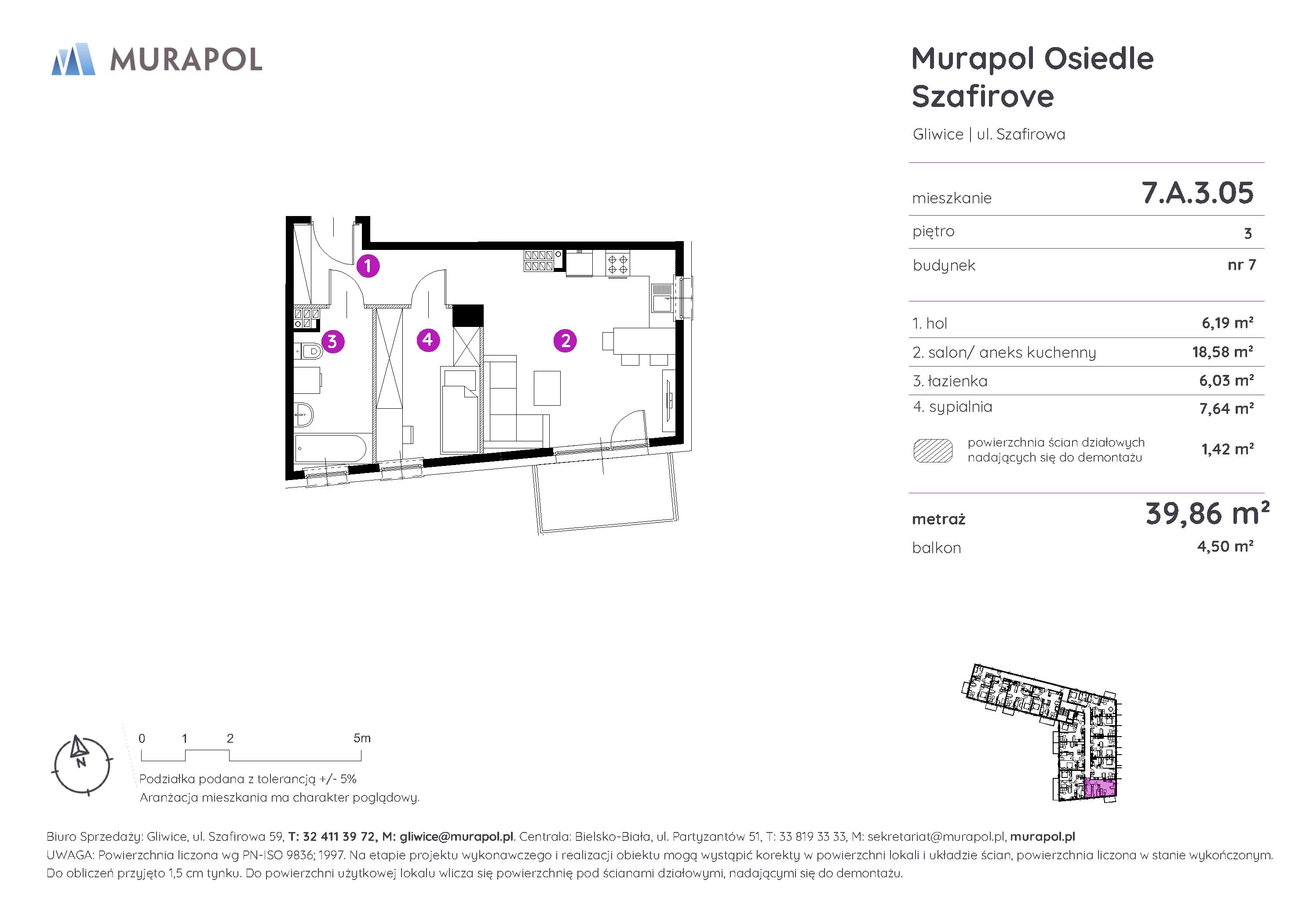 2 pokoje, mieszkanie 39,86 m², piętro 3, oferta nr 7.A.3.05, Murapol Osiedle Szafirove, Gliwice, Stare Gliwice, ul. Szafirowa