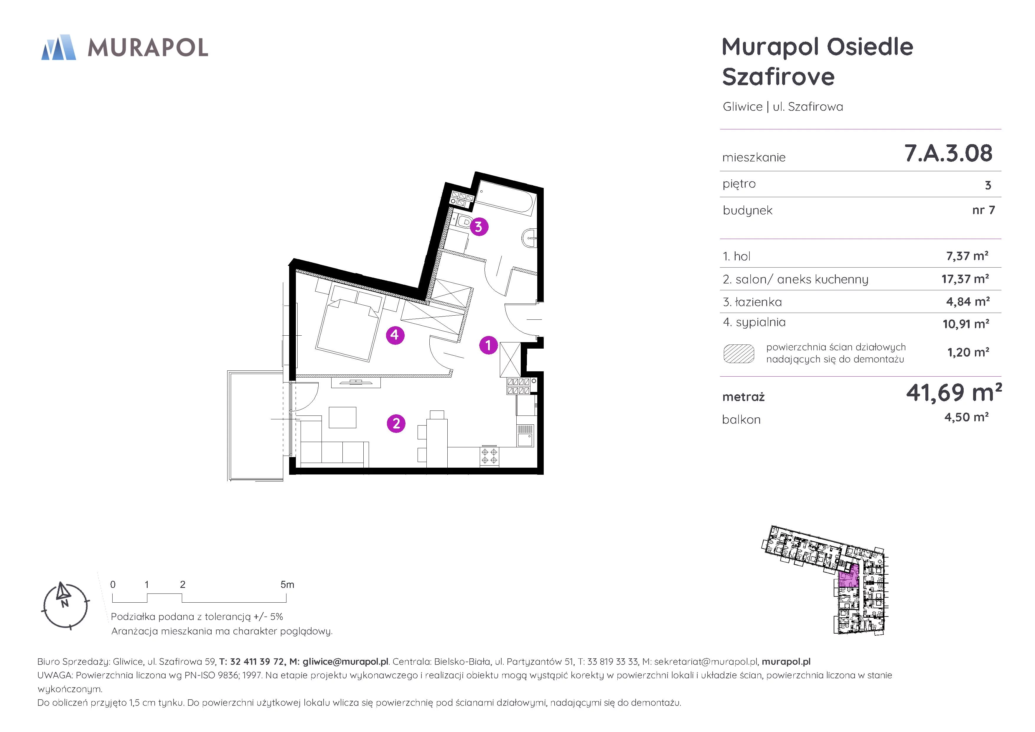 2 pokoje, mieszkanie 41,69 m², piętro 3, oferta nr 7.A.3.08, Murapol Osiedle Szafirove, Gliwice, Stare Gliwice, ul. Szafirowa