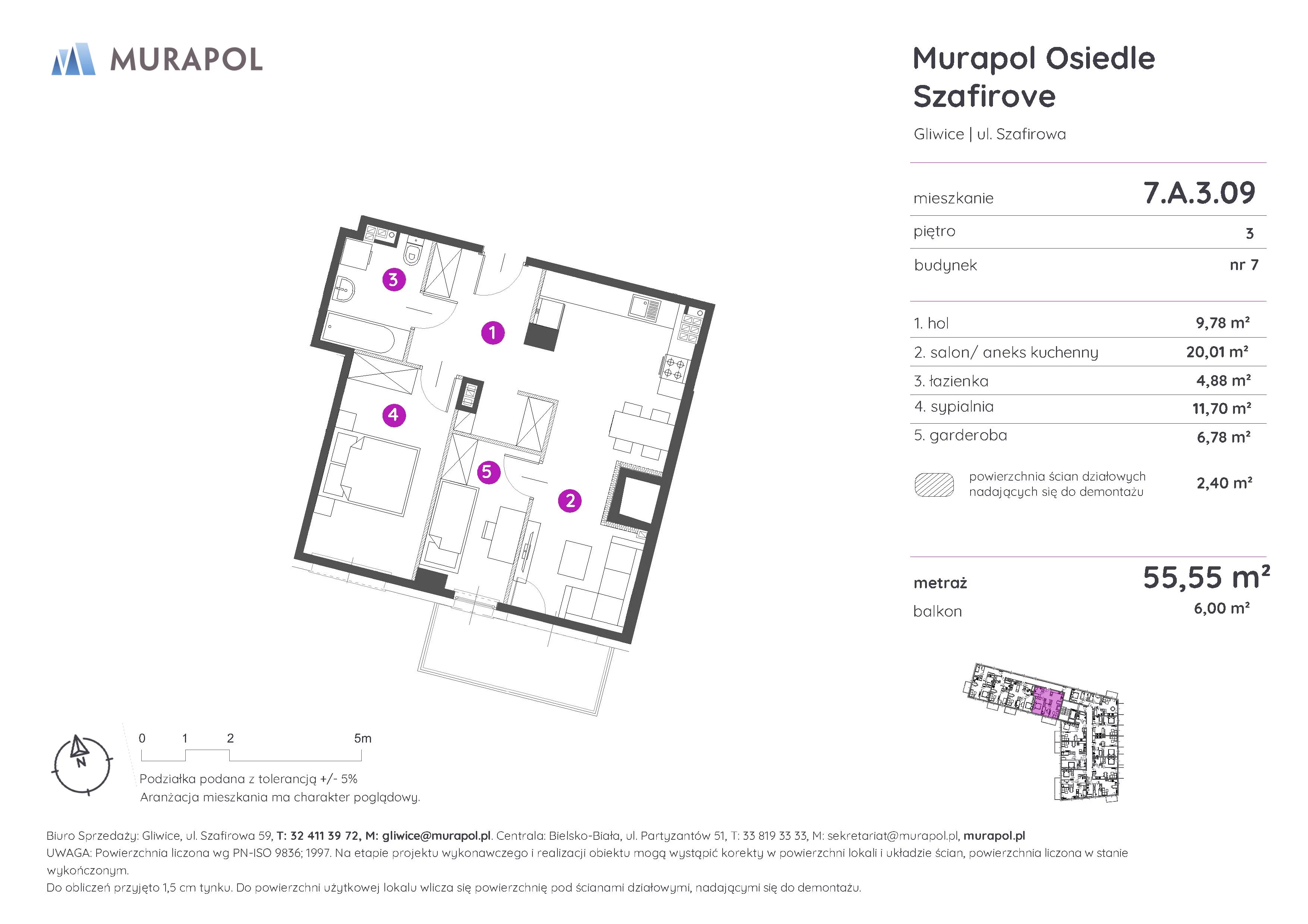 2 pokoje, mieszkanie 55,55 m², piętro 3, oferta nr 7.A.3.09, Murapol Osiedle Szafirove, Gliwice, Stare Gliwice, ul. Szafirowa
