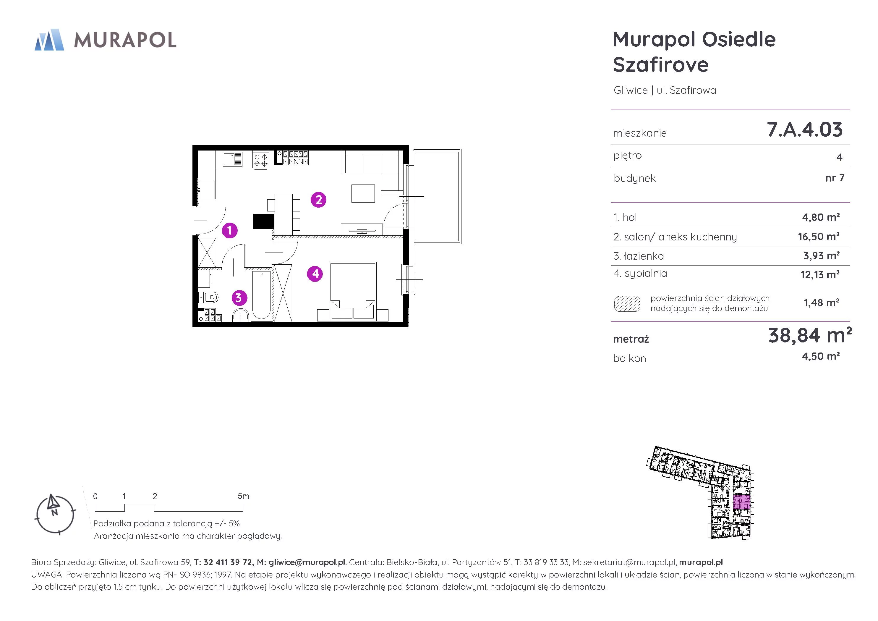 2 pokoje, mieszkanie 38,84 m², piętro 4, oferta nr 7.A.4.03, Murapol Osiedle Szafirove, Gliwice, Stare Gliwice, ul. Szafirowa