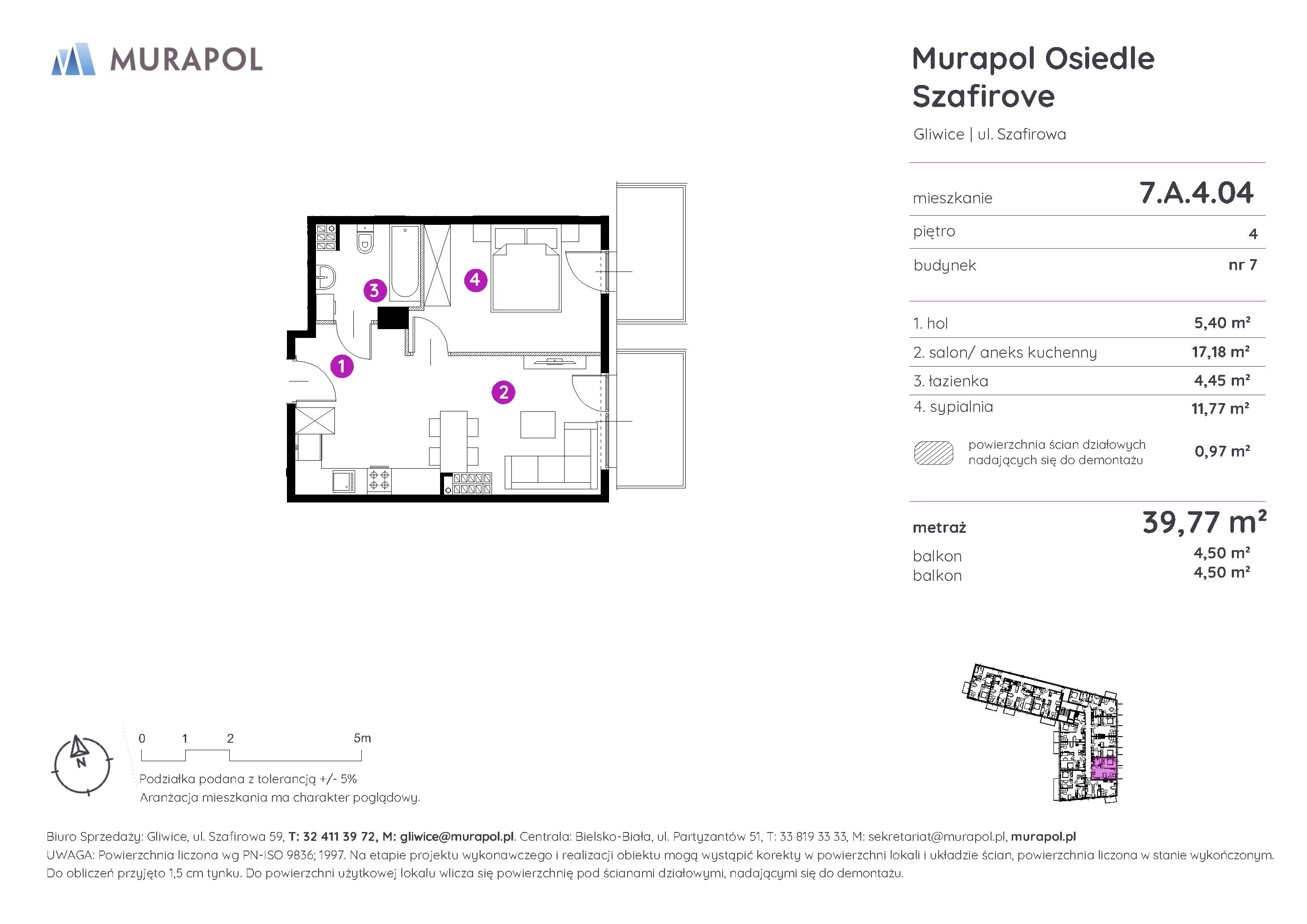 2 pokoje, mieszkanie 39,77 m², piętro 4, oferta nr 7.A.4.04, Murapol Osiedle Szafirove, Gliwice, Stare Gliwice, ul. Szafirowa