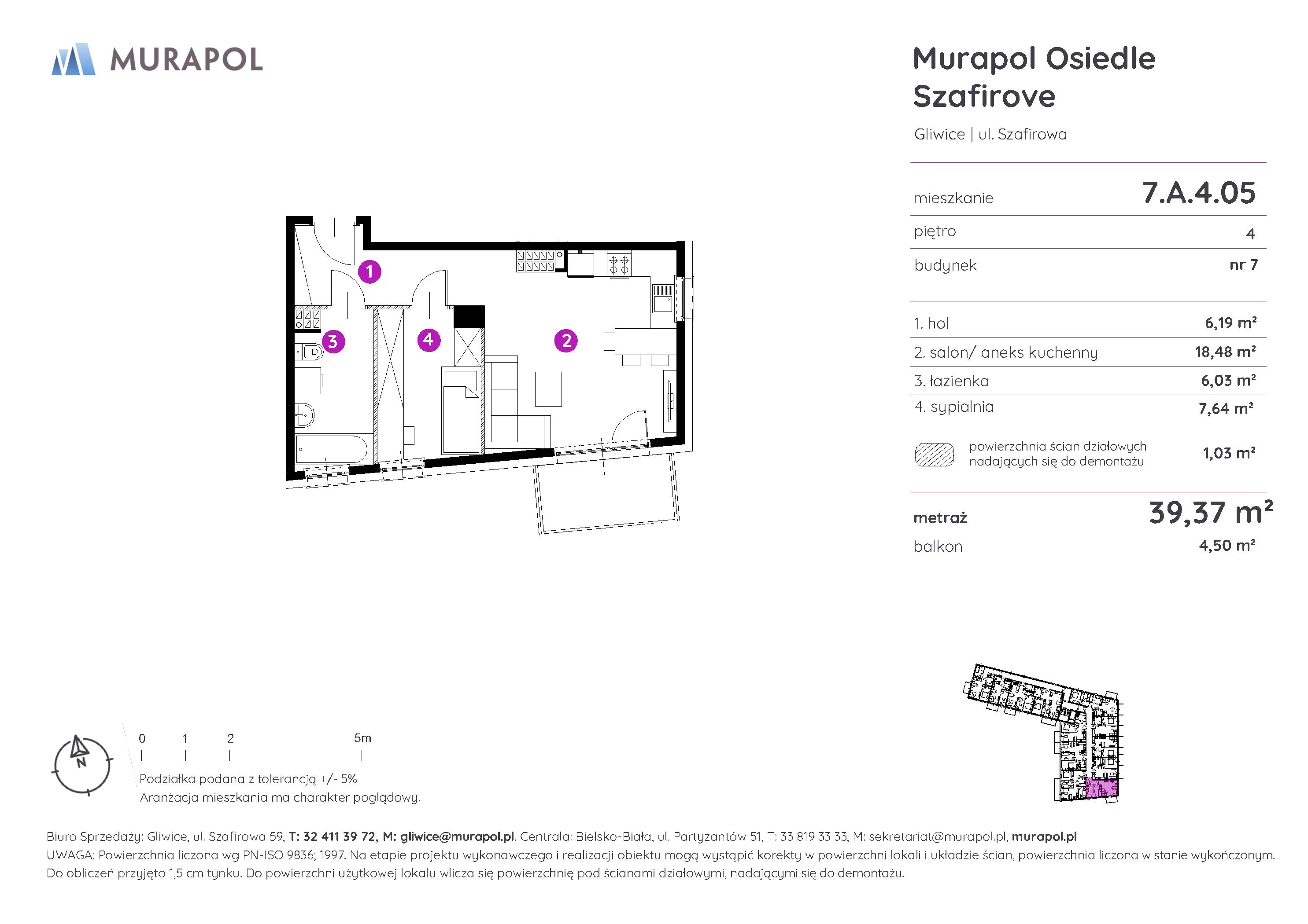 2 pokoje, mieszkanie 39,37 m², piętro 4, oferta nr 7.A.4.05, Murapol Osiedle Szafirove, Gliwice, Stare Gliwice, ul. Szafirowa