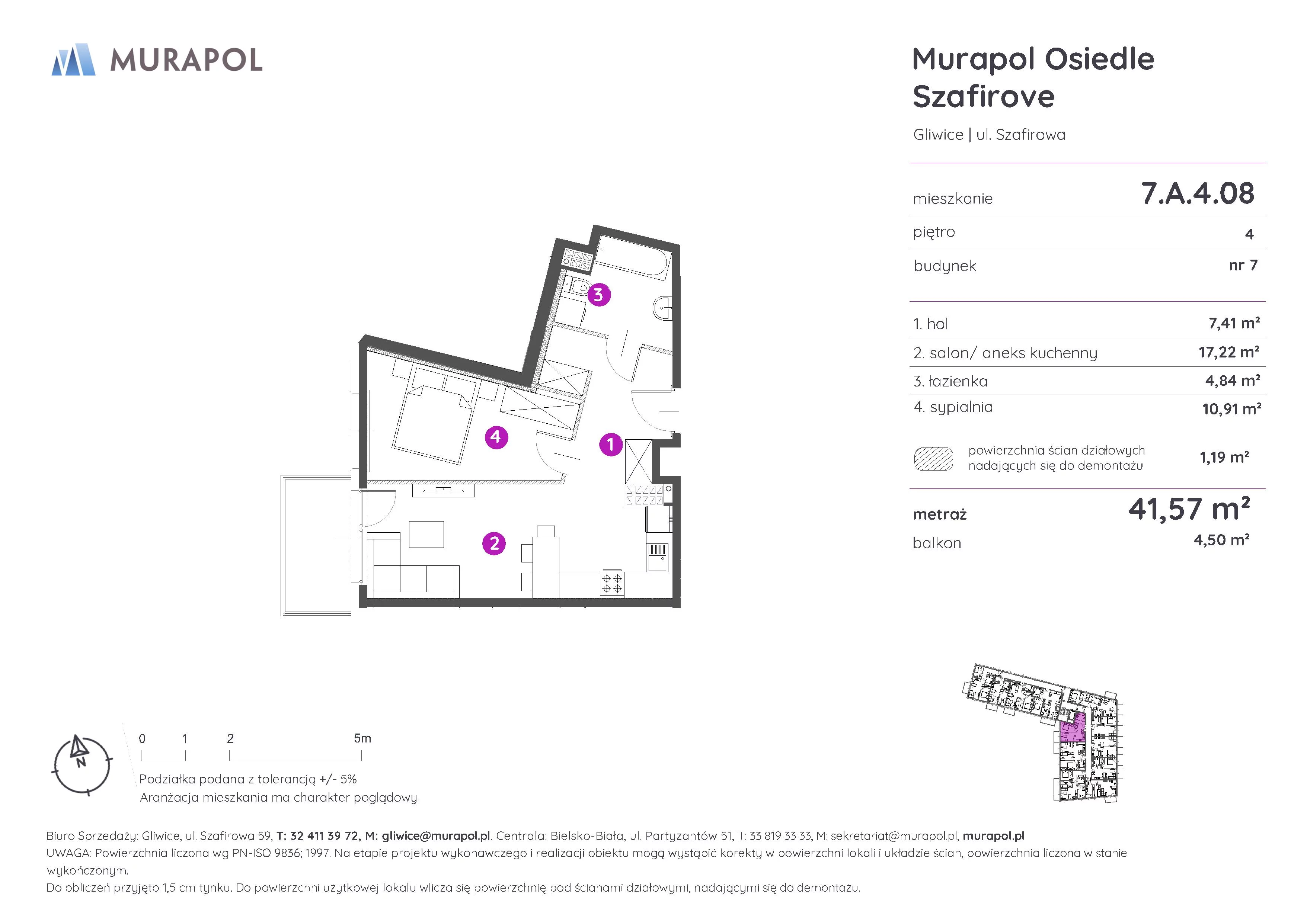 2 pokoje, mieszkanie 41,57 m², piętro 4, oferta nr 7.A.4.08, Murapol Osiedle Szafirove, Gliwice, Stare Gliwice, ul. Szafirowa