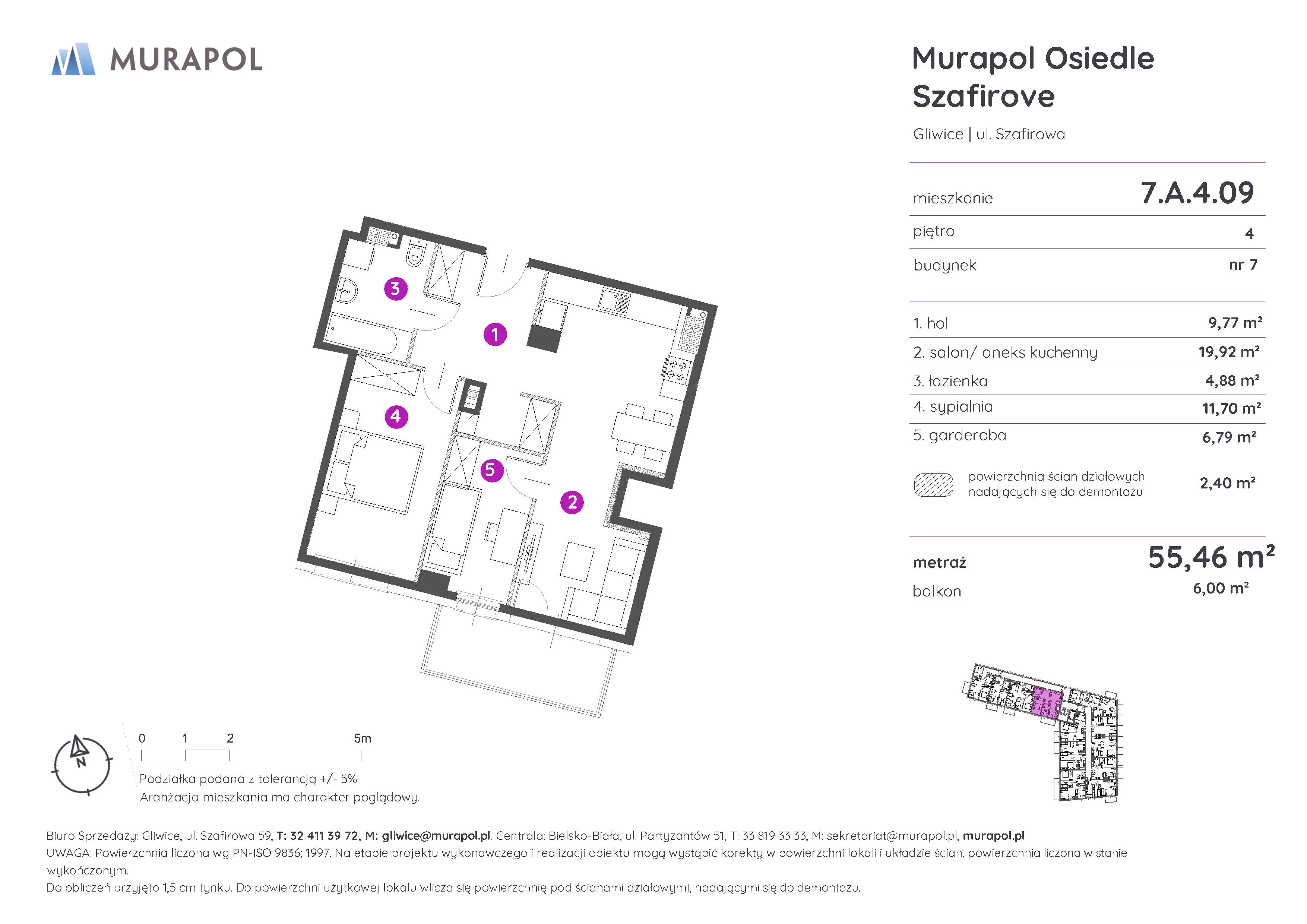 2 pokoje, mieszkanie 55,46 m², piętro 4, oferta nr 7.A.4.09, Murapol Osiedle Szafirove, Gliwice, Stare Gliwice, ul. Szafirowa
