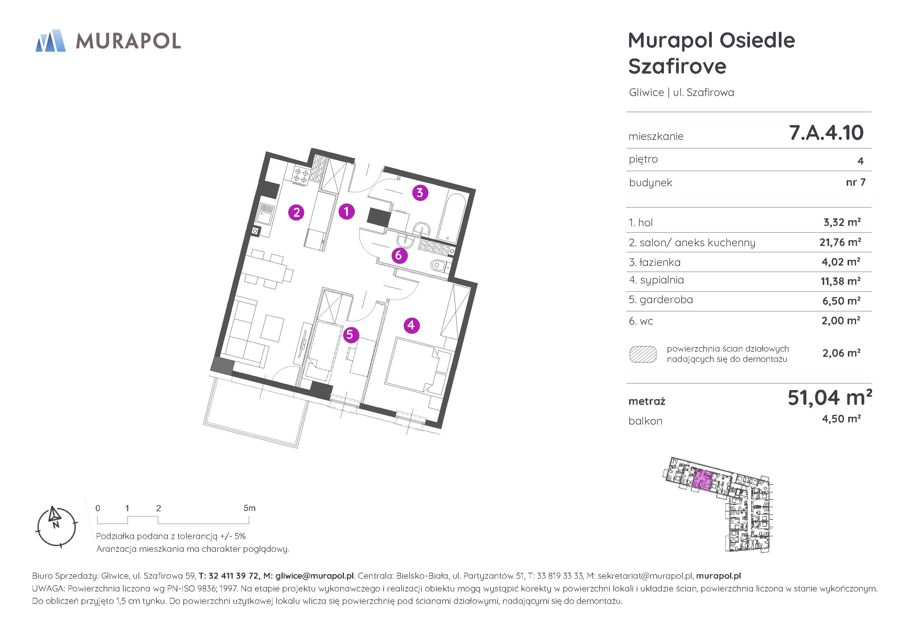 2 pokoje, mieszkanie 51,04 m², piętro 4, oferta nr 7.A.4.10, Murapol Osiedle Szafirove, Gliwice, Stare Gliwice, ul. Szafirowa