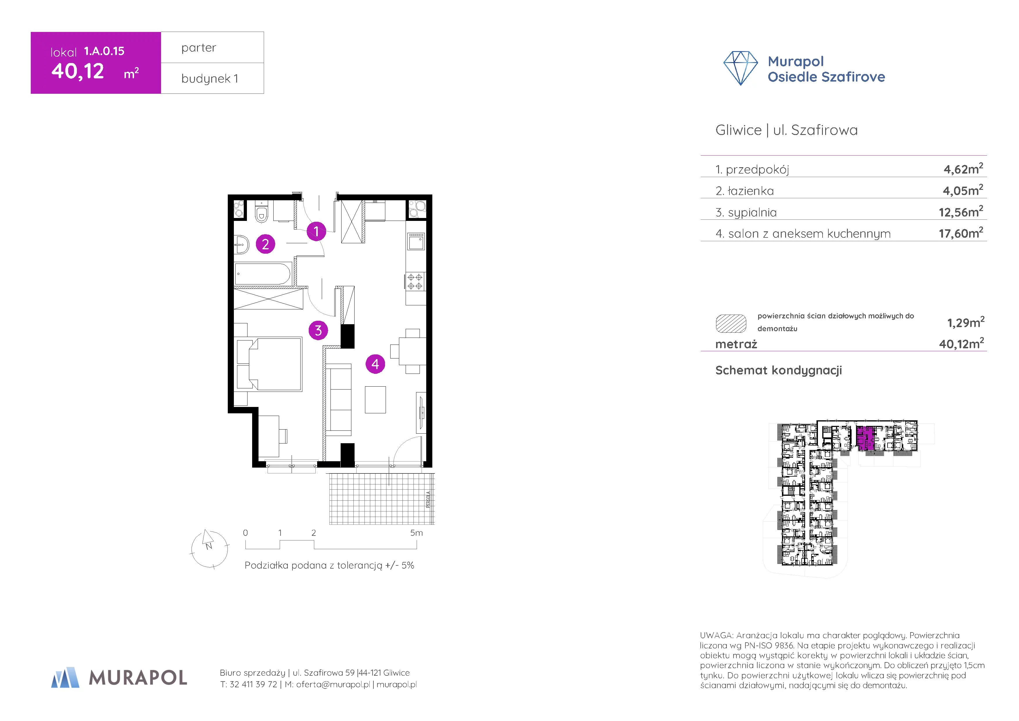 2 pokoje, mieszkanie 40,12 m², parter, oferta nr 1.A.0.15, Murapol Osiedle Szafirove, Gliwice, Stare Gliwice, ul. Szafirowa