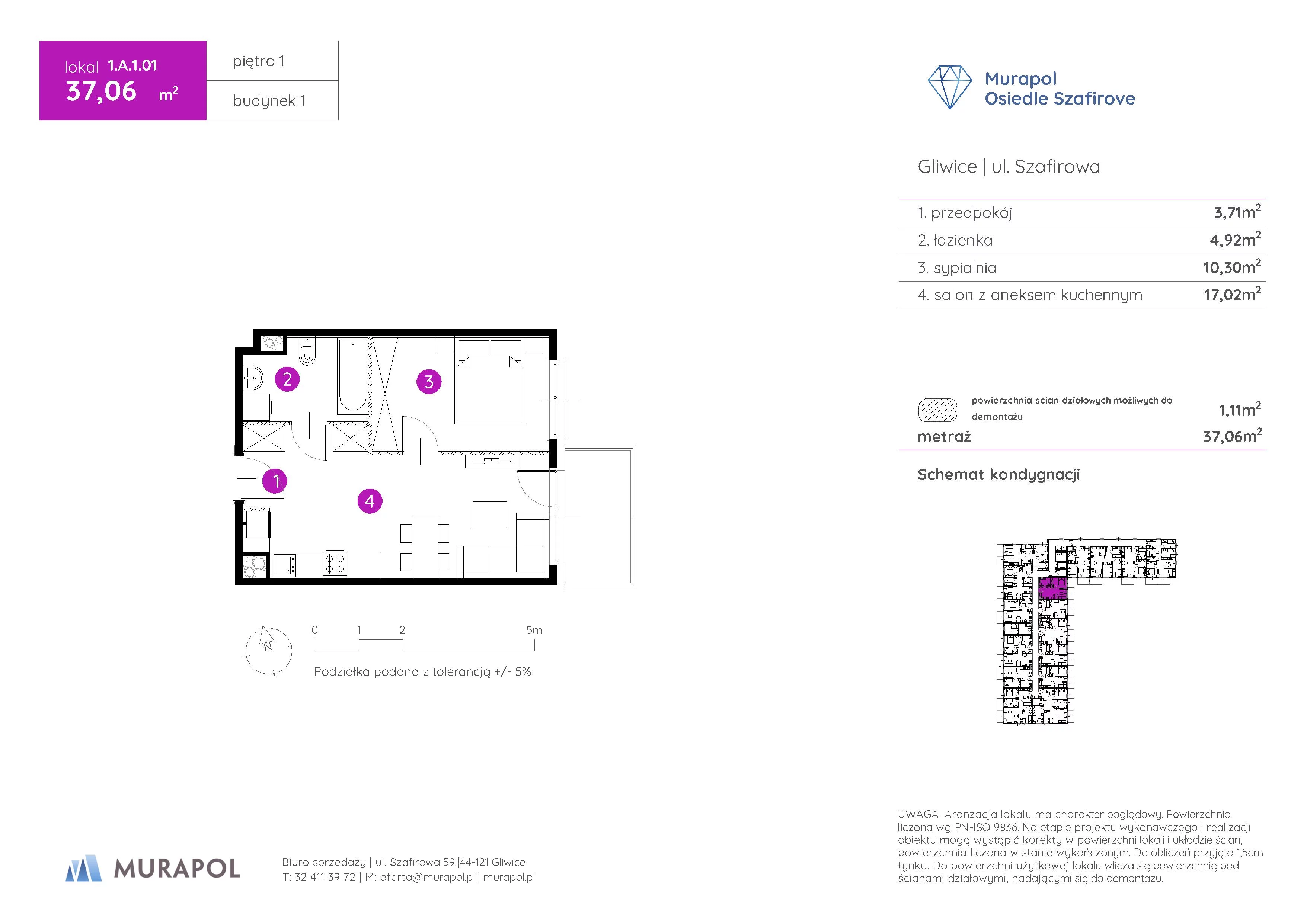 2 pokoje, mieszkanie 37,06 m², piętro 1, oferta nr 1.A.1.01, Murapol Osiedle Szafirove, Gliwice, Stare Gliwice, ul. Szafirowa