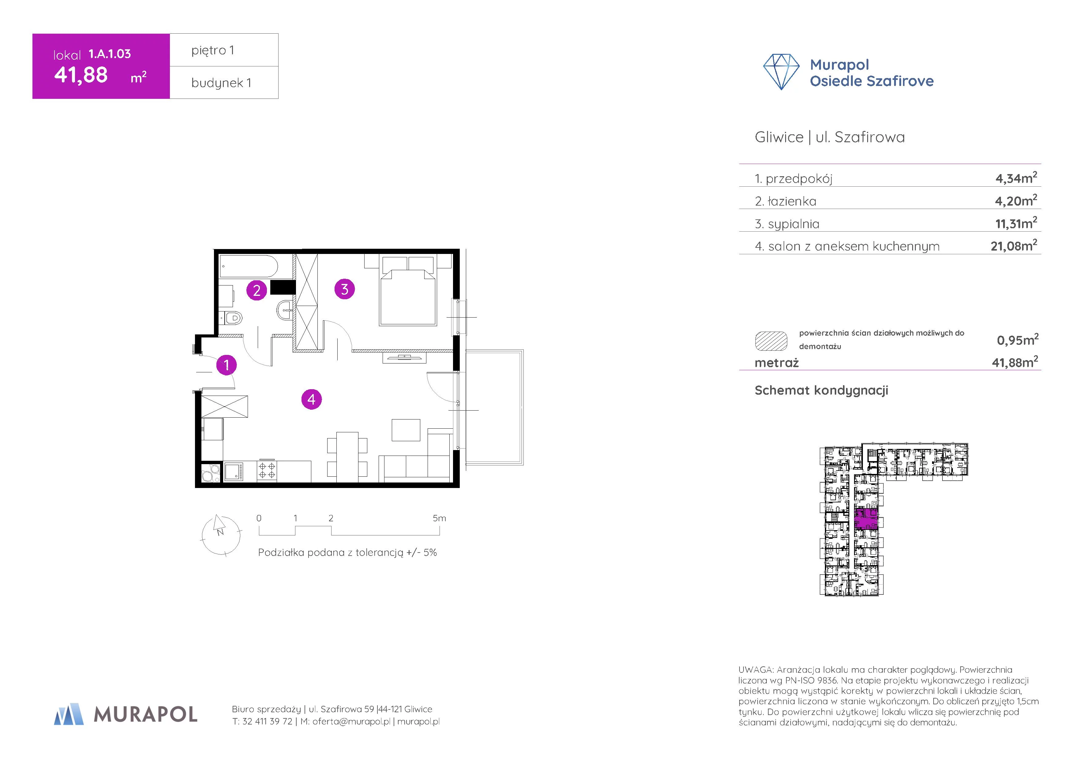2 pokoje, mieszkanie 41,88 m², piętro 1, oferta nr 1.A.1.03, Murapol Osiedle Szafirove, Gliwice, Stare Gliwice, ul. Szafirowa