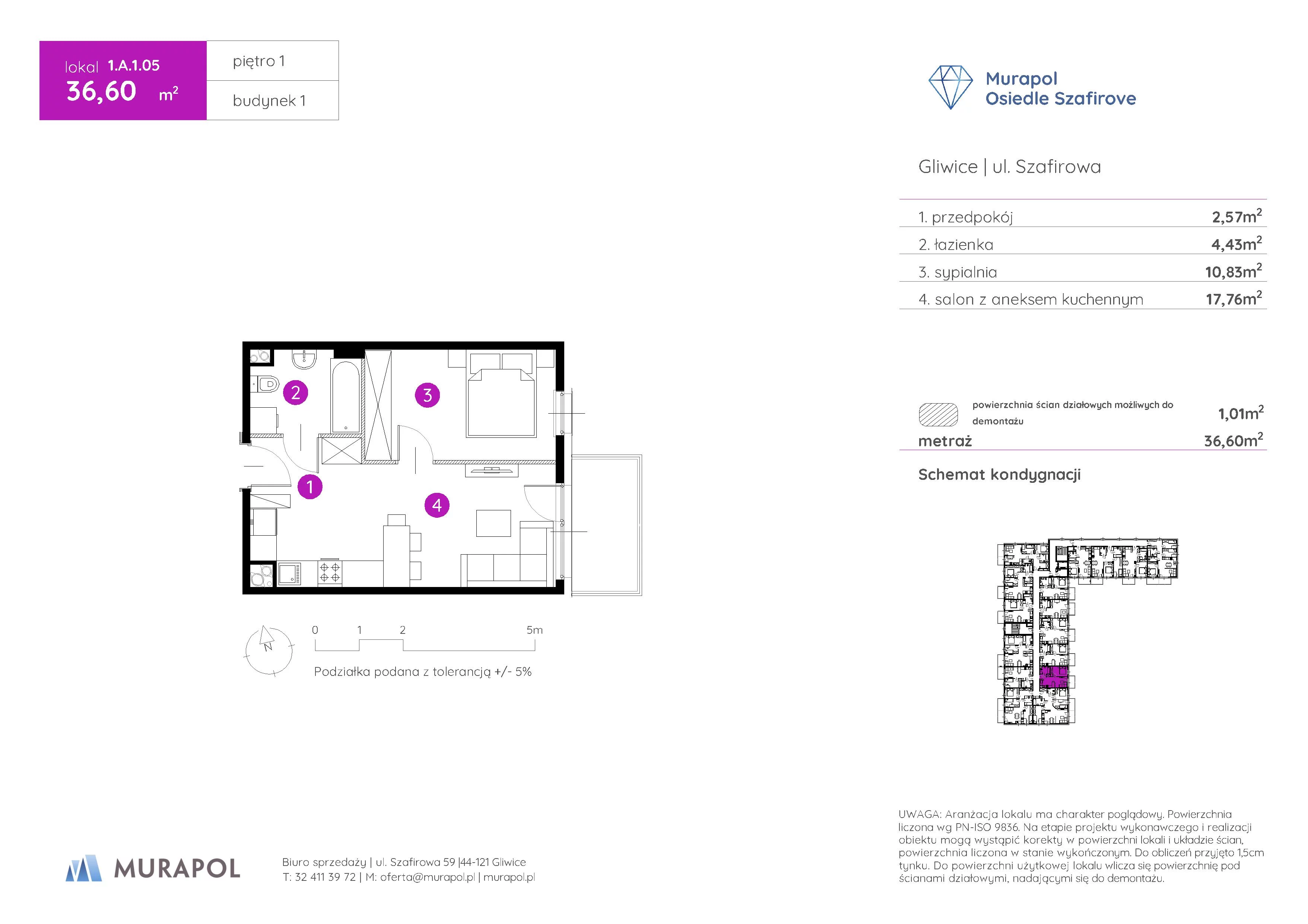 2 pokoje, mieszkanie 36,60 m², piętro 1, oferta nr 1.A.1.05, Murapol Osiedle Szafirove, Gliwice, Stare Gliwice, ul. Szafirowa