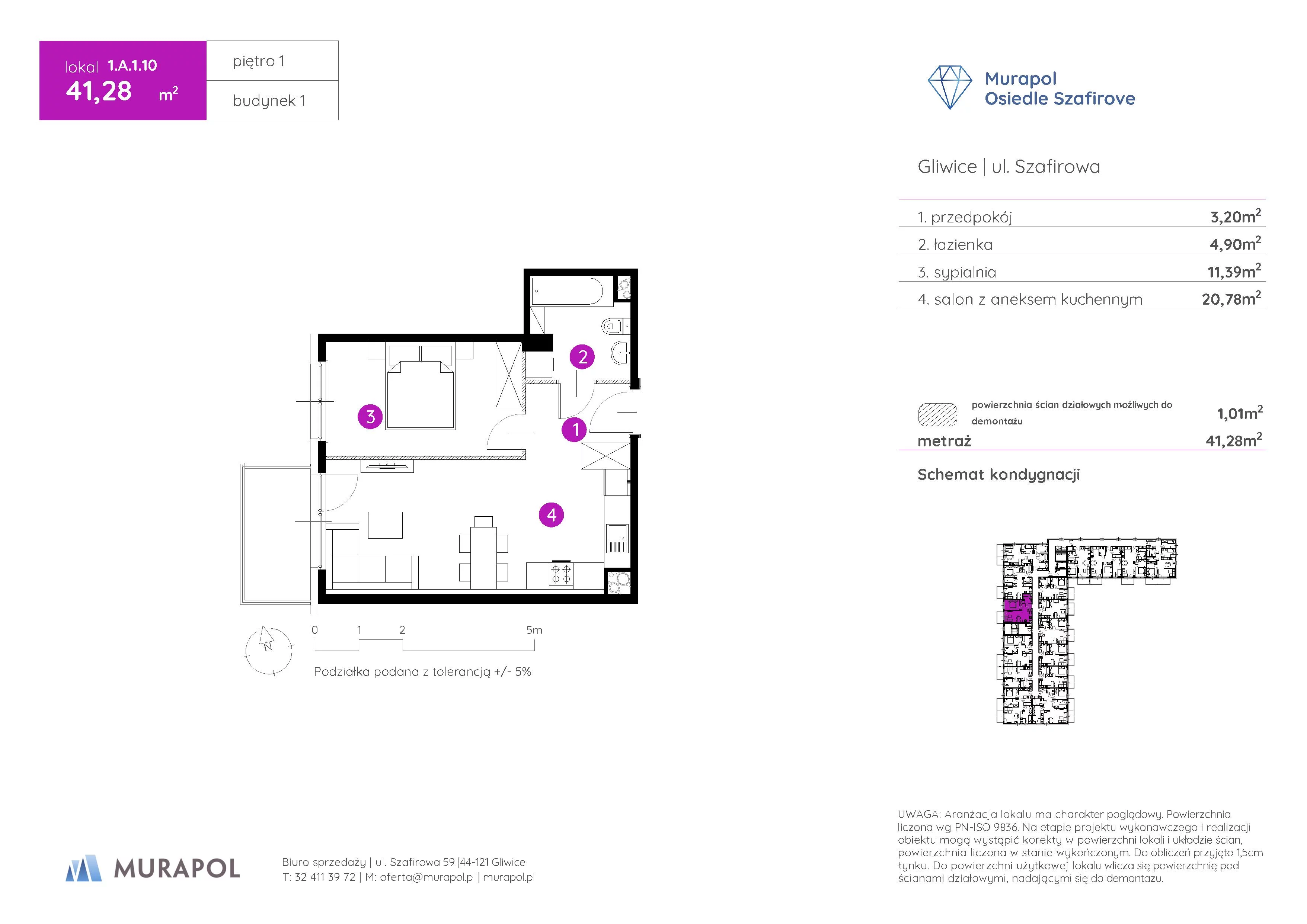 2 pokoje, mieszkanie 41,28 m², piętro 1, oferta nr 1.A.1.10, Murapol Osiedle Szafirove, Gliwice, Stare Gliwice, ul. Szafirowa
