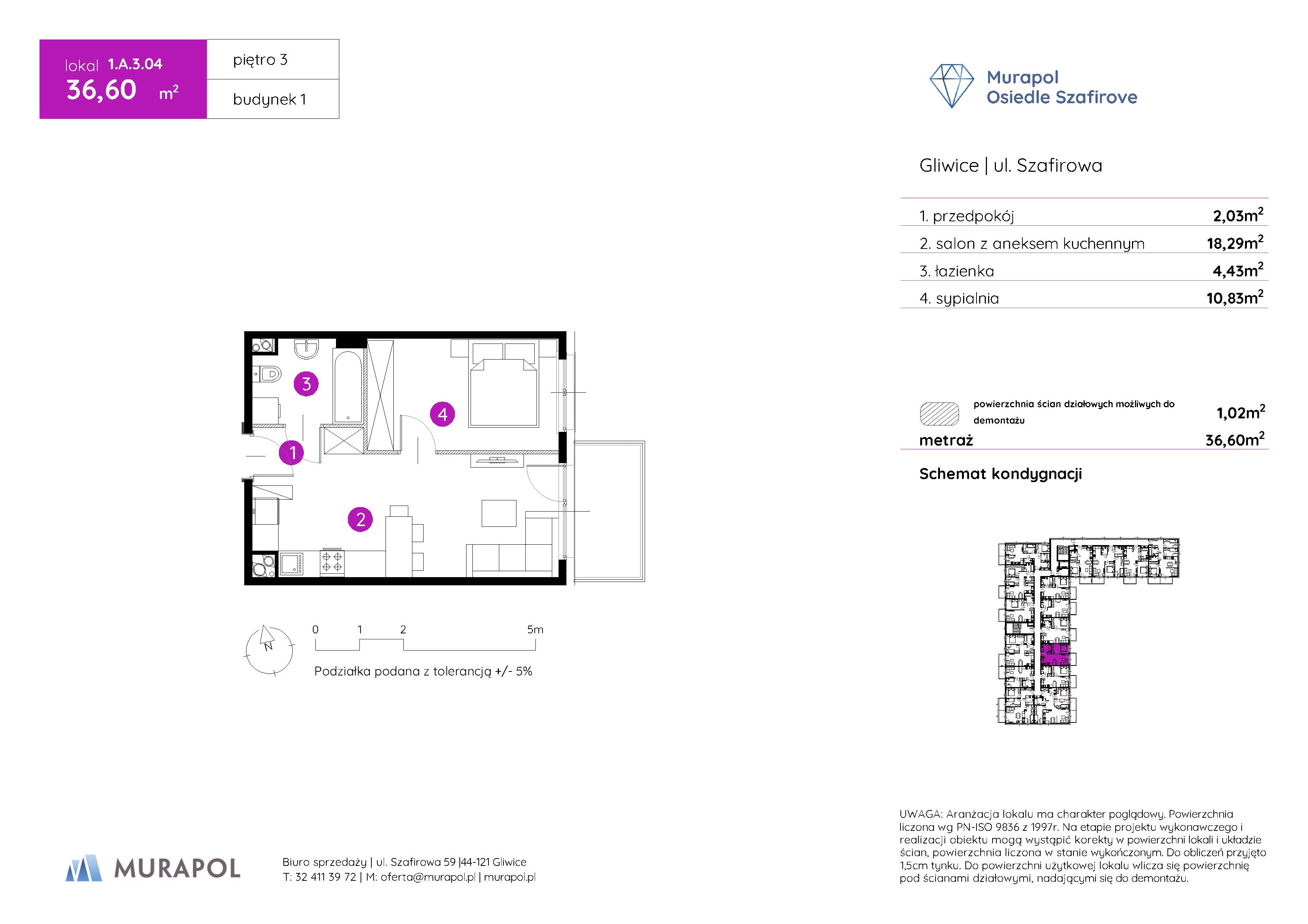 2 pokoje, mieszkanie 36,60 m², piętro 3, oferta nr 1.A.3.04, Murapol Osiedle Szafirove, Gliwice, Stare Gliwice, ul. Szafirowa