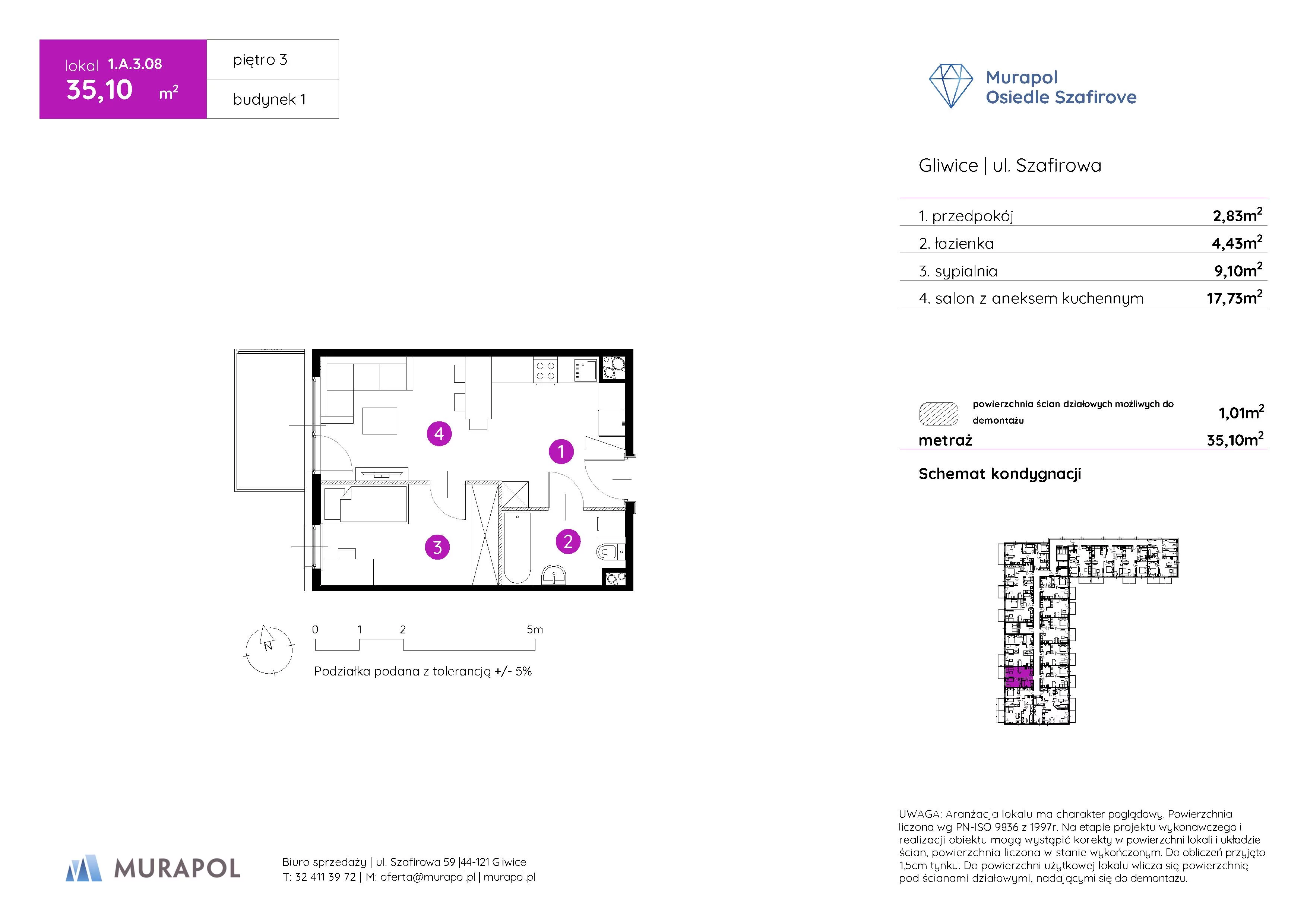 2 pokoje, mieszkanie 35,10 m², piętro 3, oferta nr 1.A.3.08, Murapol Osiedle Szafirove, Gliwice, Stare Gliwice, ul. Szafirowa