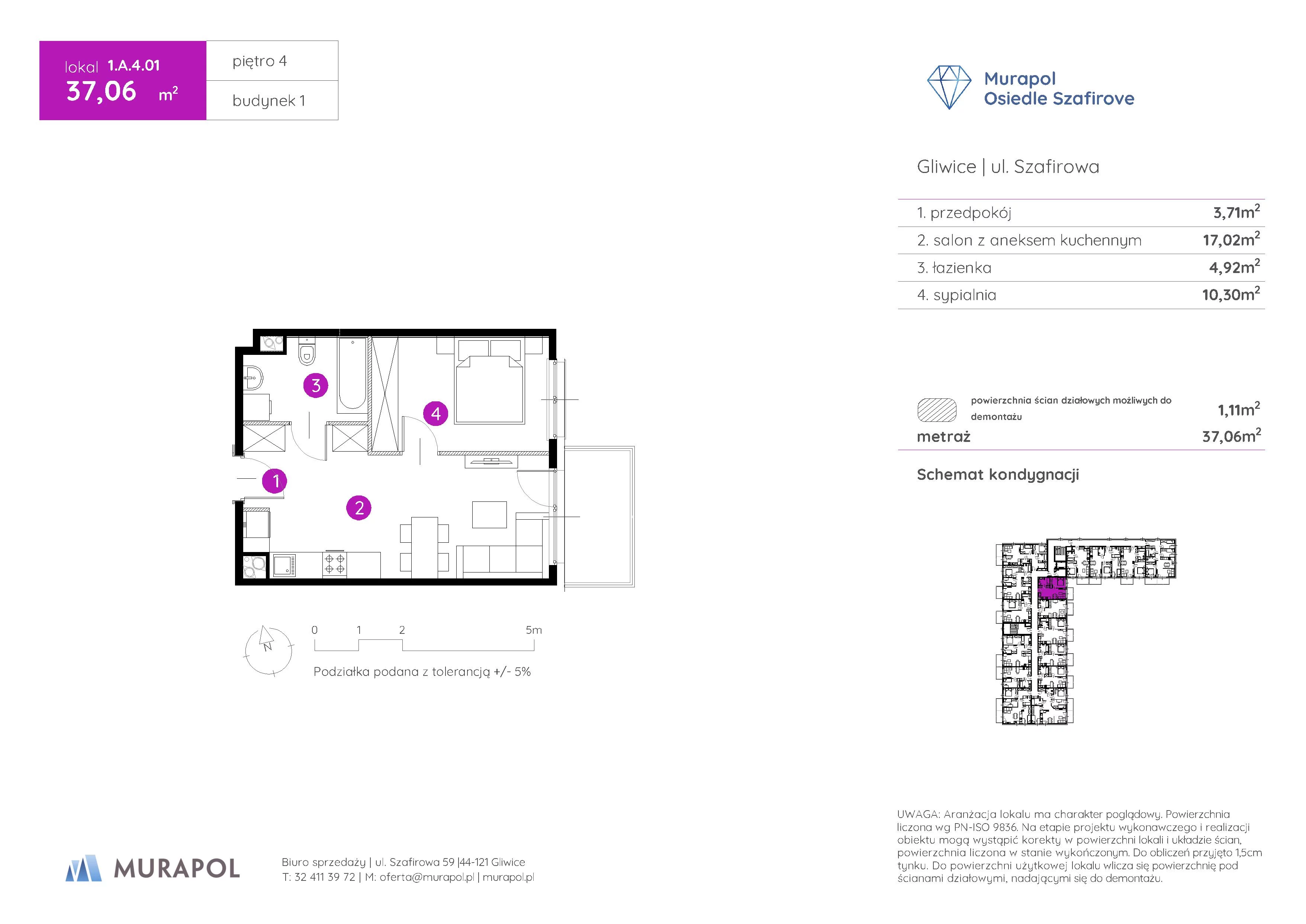 2 pokoje, mieszkanie 37,06 m², piętro 4, oferta nr 1.A.4.01, Murapol Osiedle Szafirove, Gliwice, Stare Gliwice, ul. Szafirowa