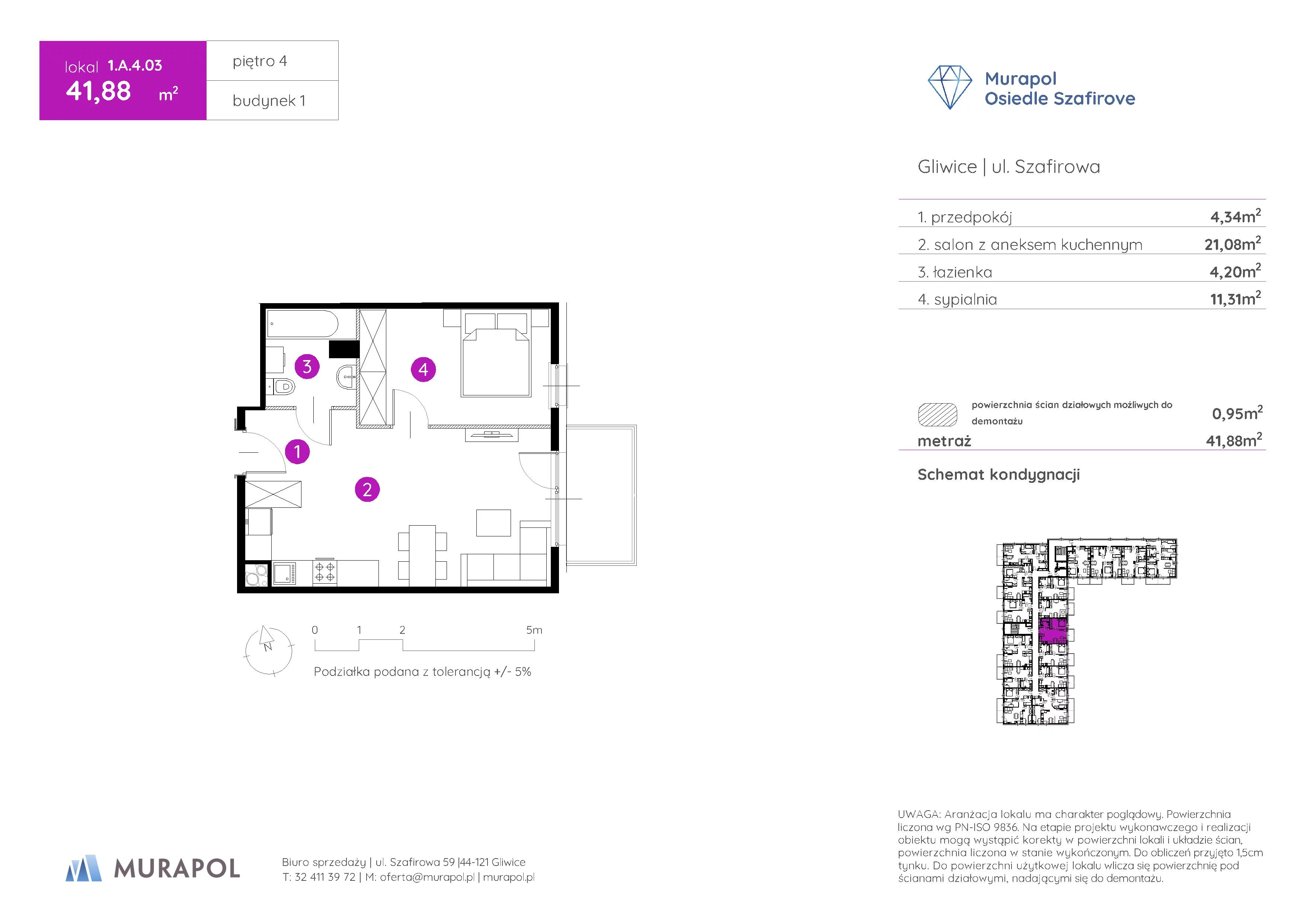 2 pokoje, mieszkanie 41,88 m², piętro 4, oferta nr 1.A.4.03, Murapol Osiedle Szafirove, Gliwice, Stare Gliwice, ul. Szafirowa