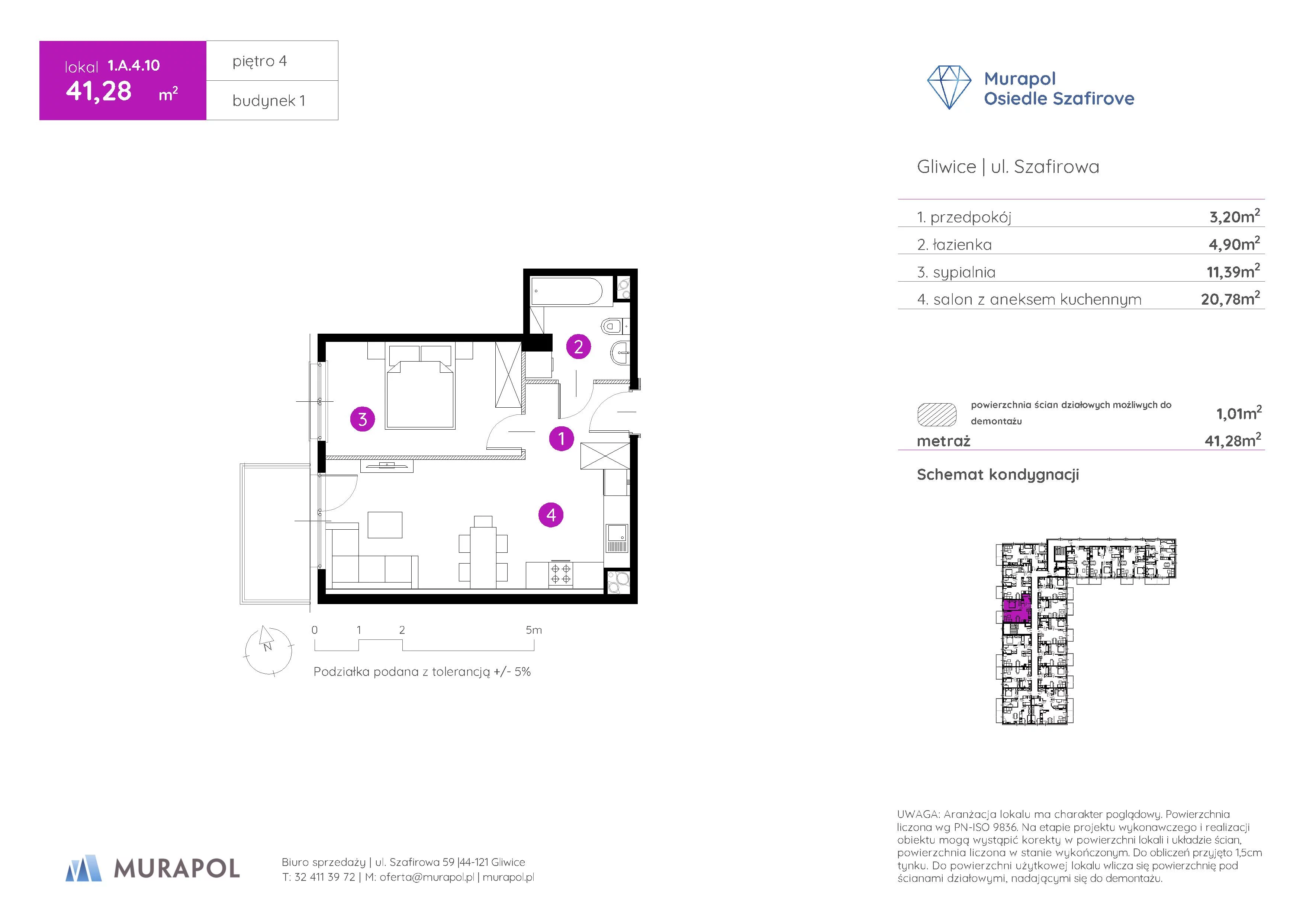 2 pokoje, mieszkanie 41,28 m², piętro 4, oferta nr 1.A.4.10, Murapol Osiedle Szafirove, Gliwice, Stare Gliwice, ul. Szafirowa