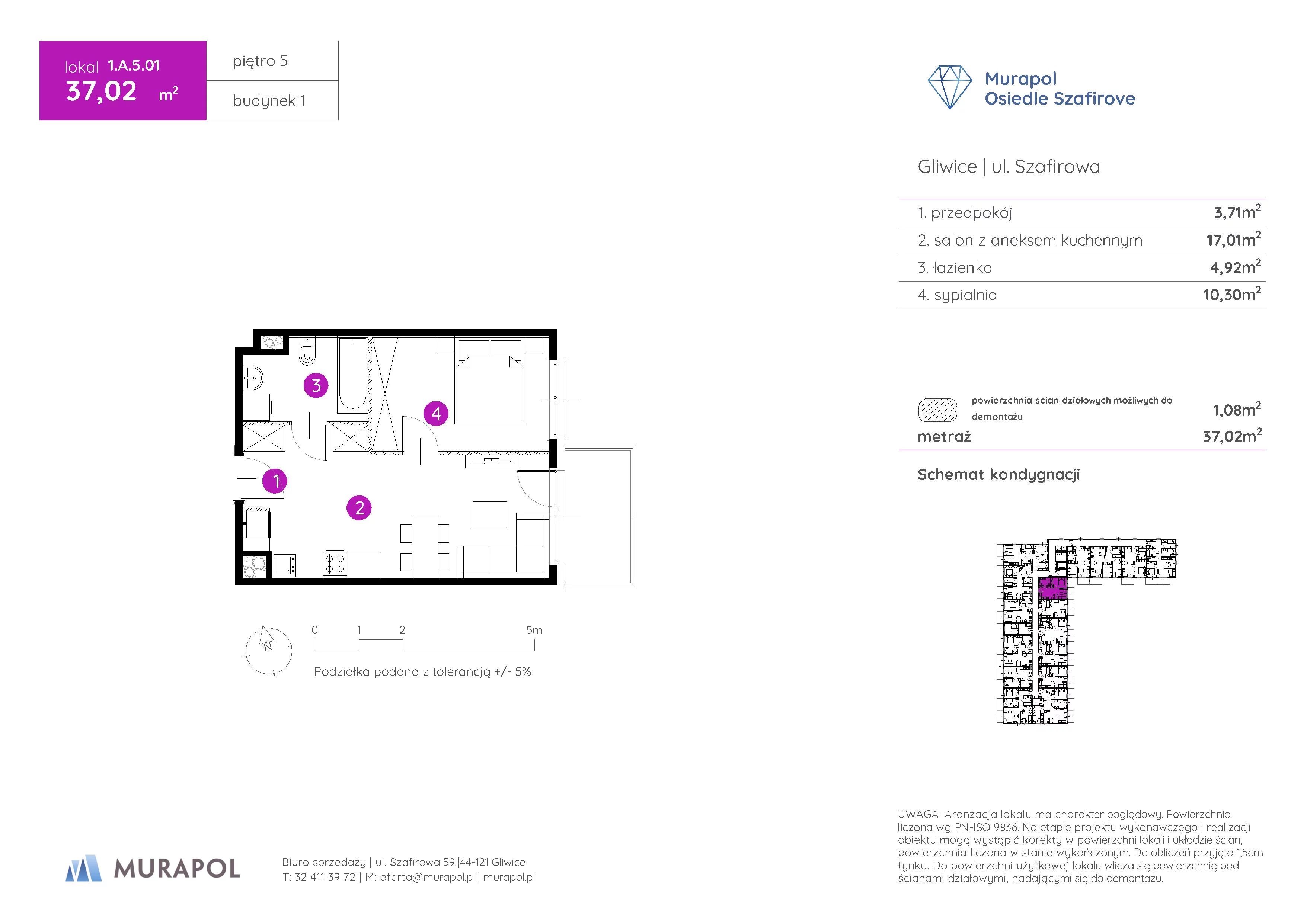 2 pokoje, mieszkanie 37,02 m², piętro 5, oferta nr 1.A.5.01, Murapol Osiedle Szafirove, Gliwice, Stare Gliwice, ul. Szafirowa