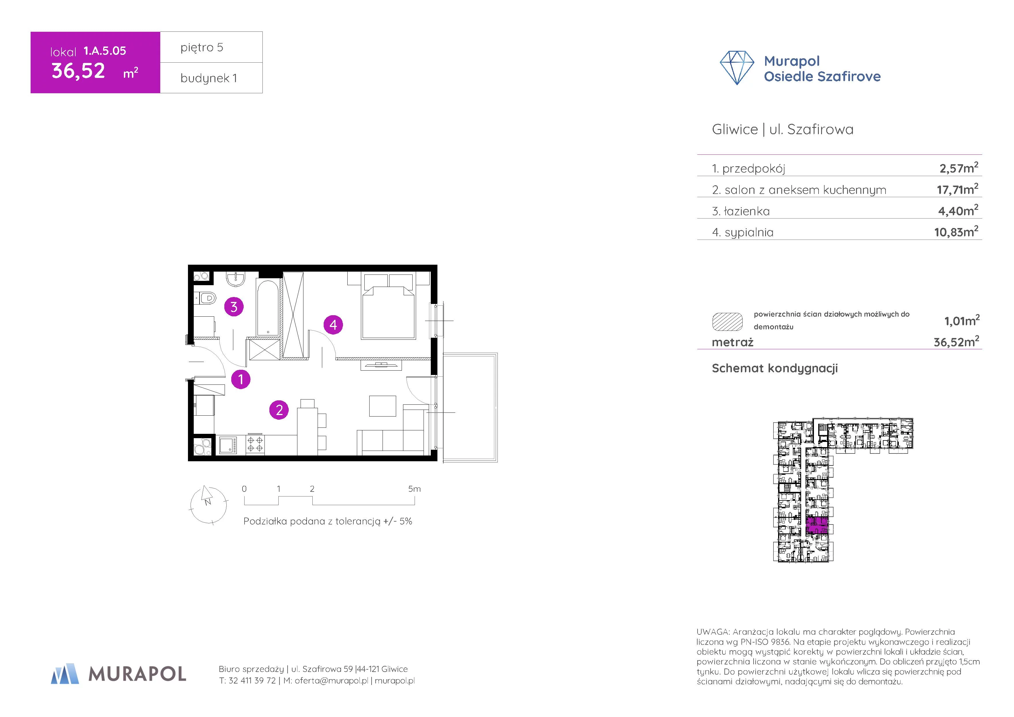 2 pokoje, mieszkanie 36,52 m², piętro 5, oferta nr 1.A.5.05, Murapol Osiedle Szafirove, Gliwice, Stare Gliwice, ul. Szafirowa