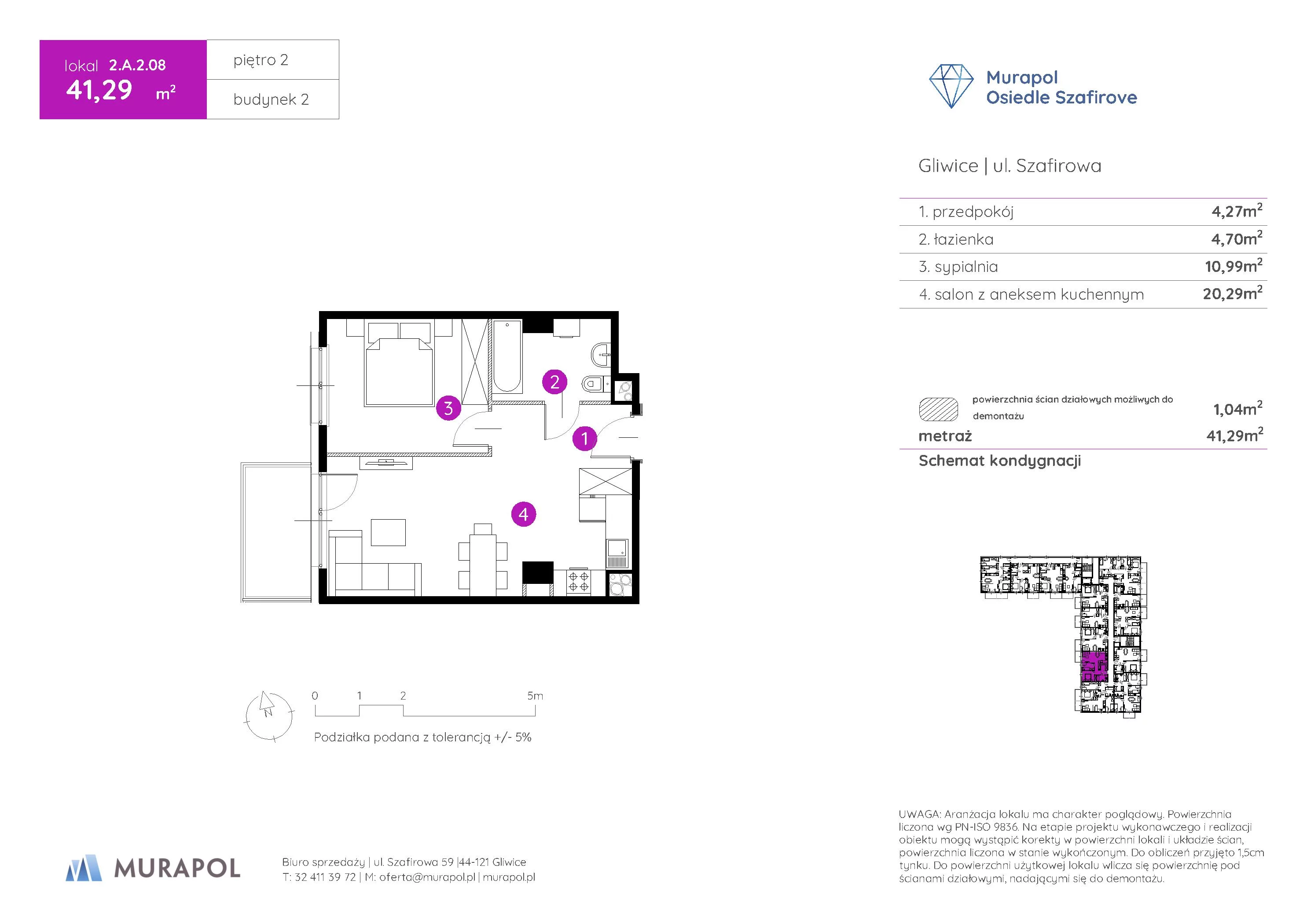 2 pokoje, mieszkanie 41,29 m², piętro 2, oferta nr 2.A.2.08, Murapol Osiedle Szafirove, Gliwice, Stare Gliwice, ul. Szafirowa