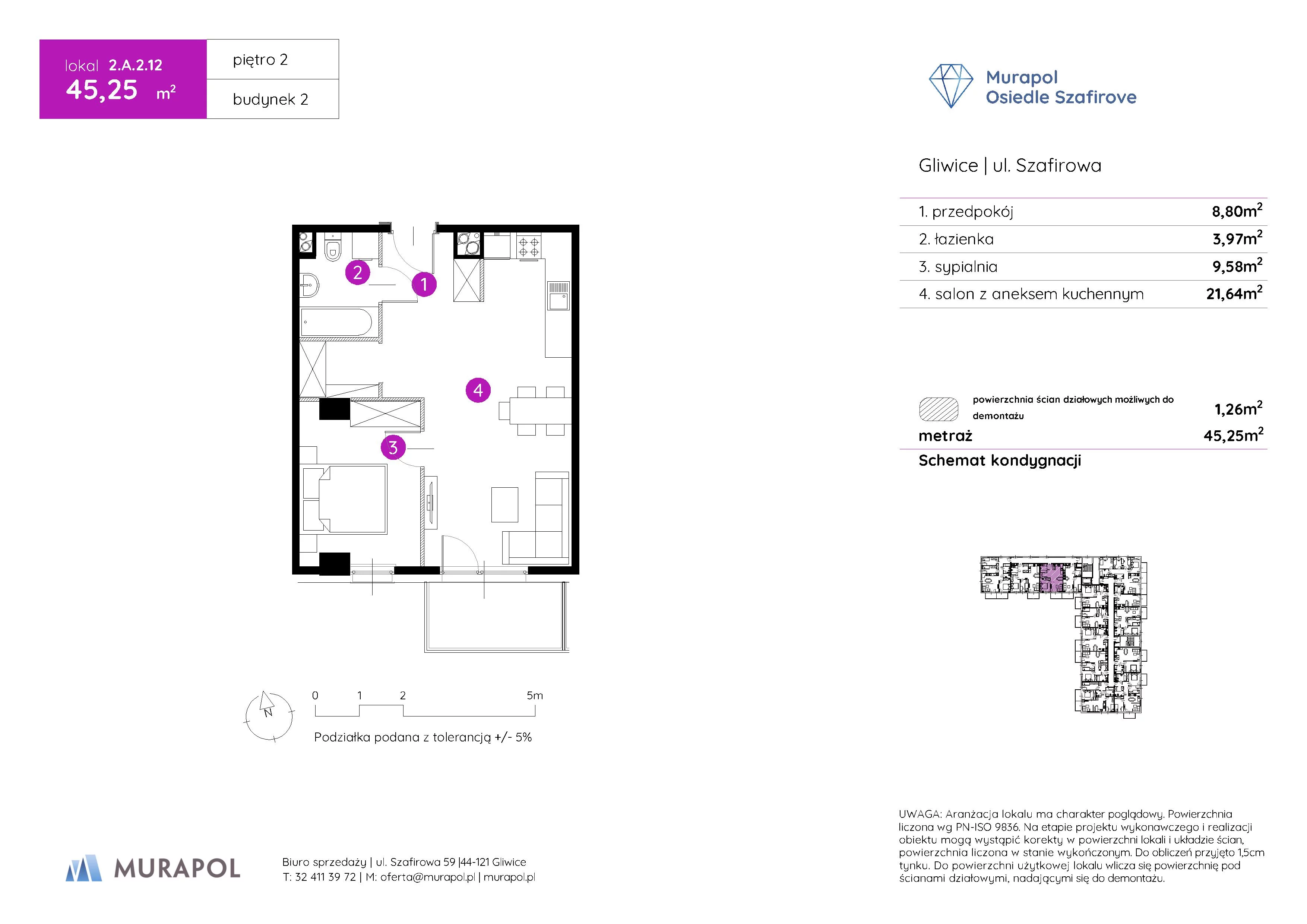 2 pokoje, mieszkanie 45,25 m², piętro 2, oferta nr 2.A.2.12, Murapol Osiedle Szafirove, Gliwice, Stare Gliwice, ul. Szafirowa