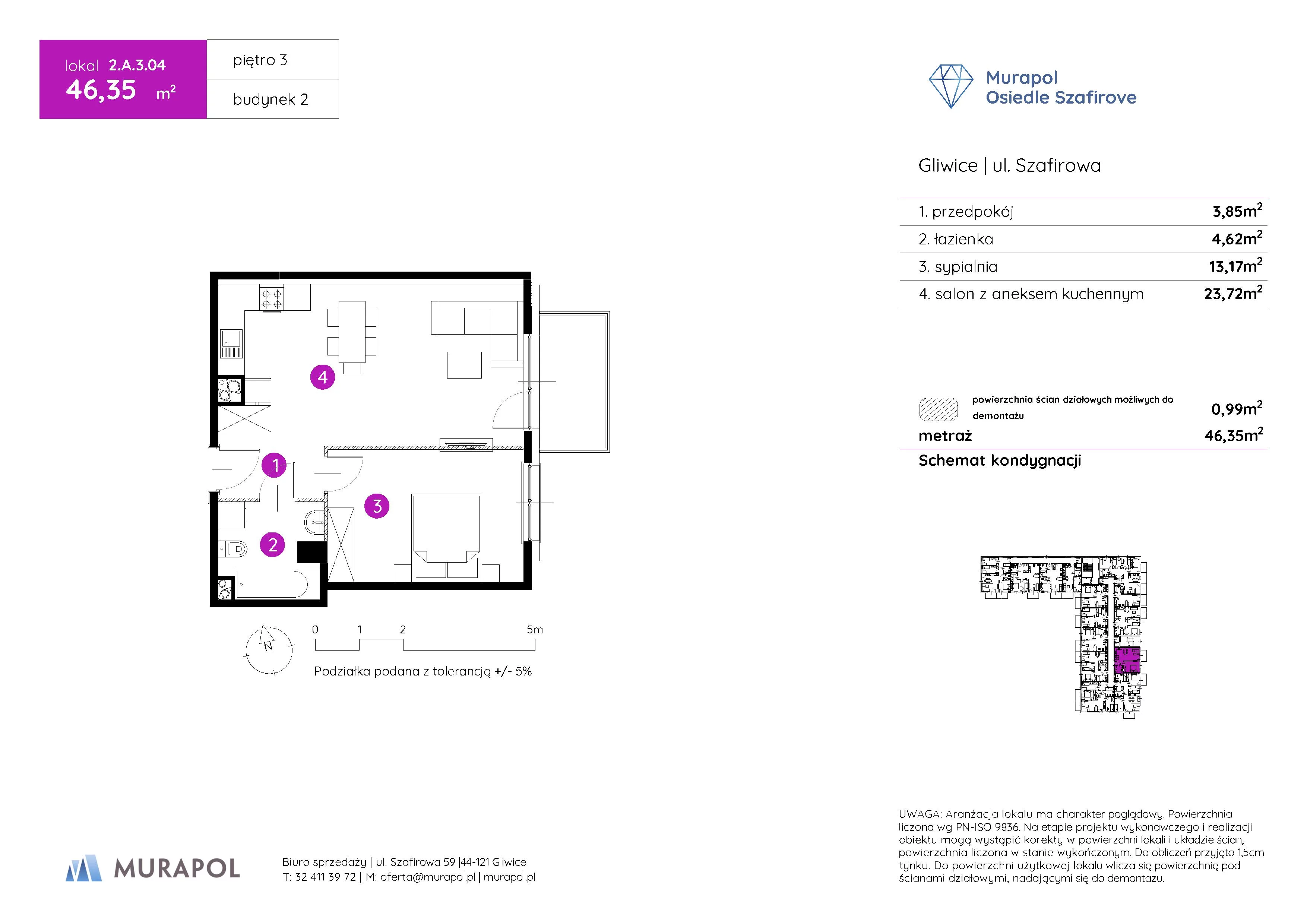 2 pokoje, mieszkanie 46,35 m², piętro 3, oferta nr 2.A.3.04, Murapol Osiedle Szafirove, Gliwice, Stare Gliwice, ul. Szafirowa