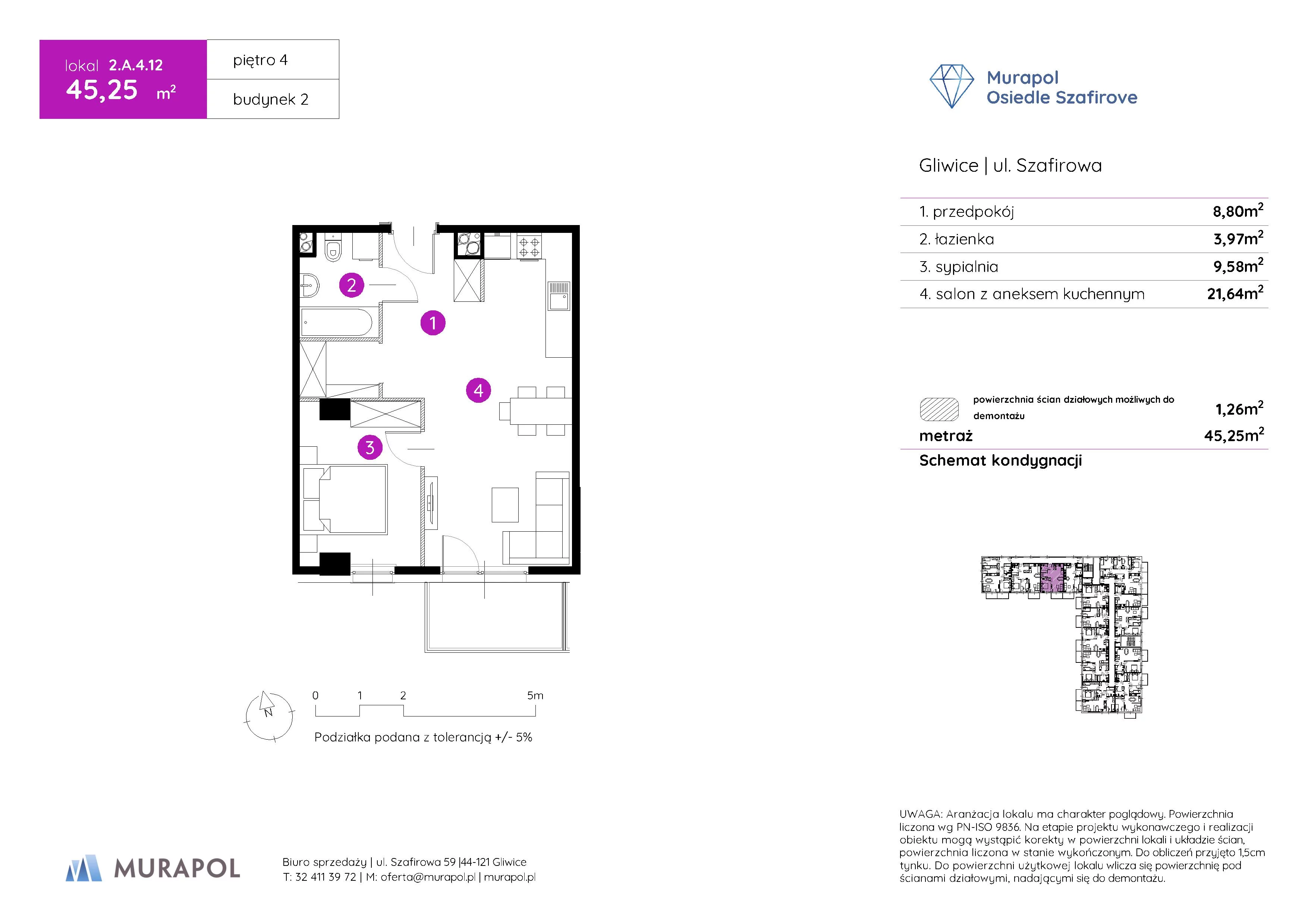 2 pokoje, mieszkanie 45,25 m², piętro 4, oferta nr 2.A.4.12, Murapol Osiedle Szafirove, Gliwice, Stare Gliwice, ul. Szafirowa
