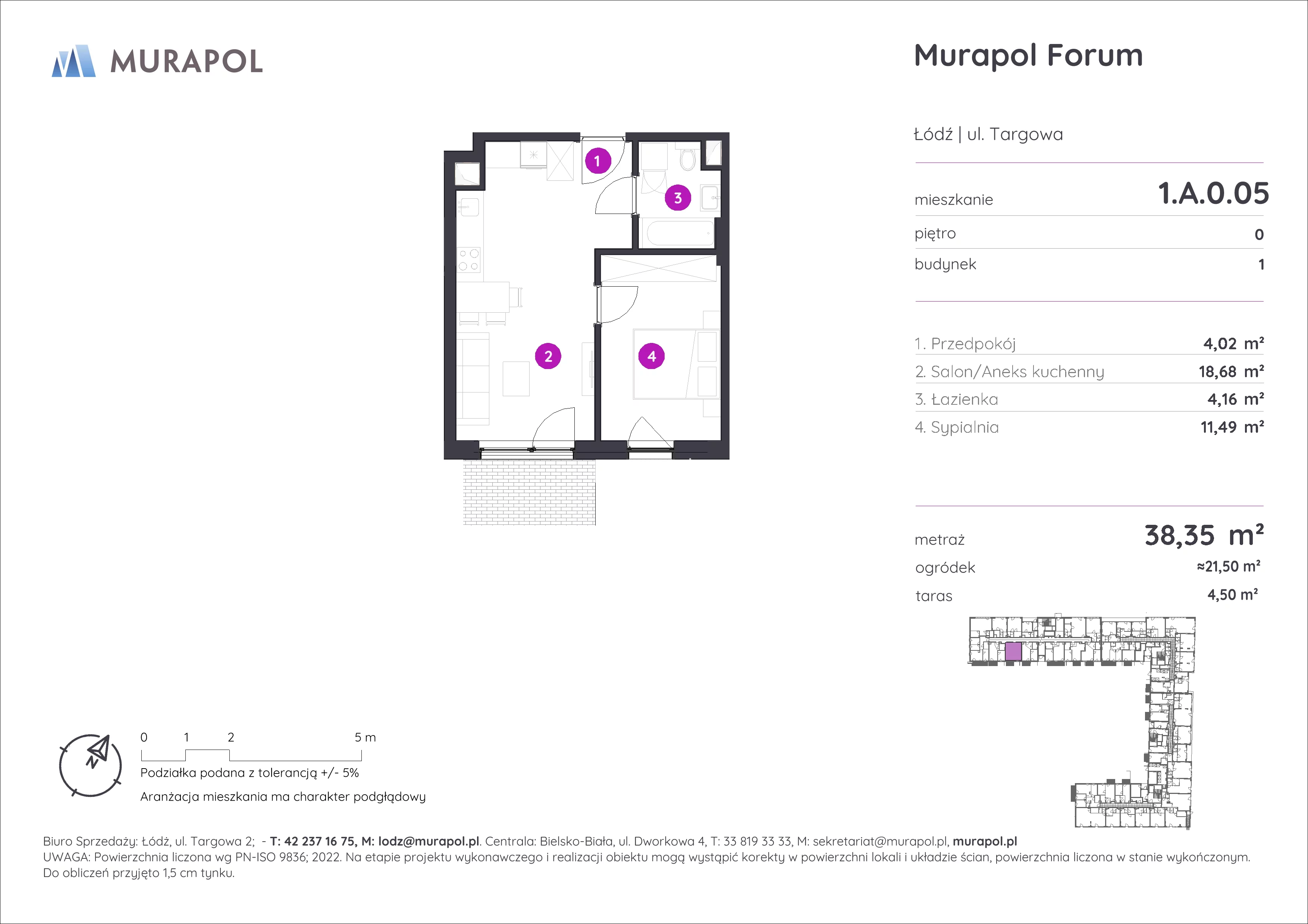 2 pokoje, mieszkanie 38,35 m², parter, oferta nr 1.A.0.05, Murapol Forum, Łódź, Śródmieście, ul. Targowa