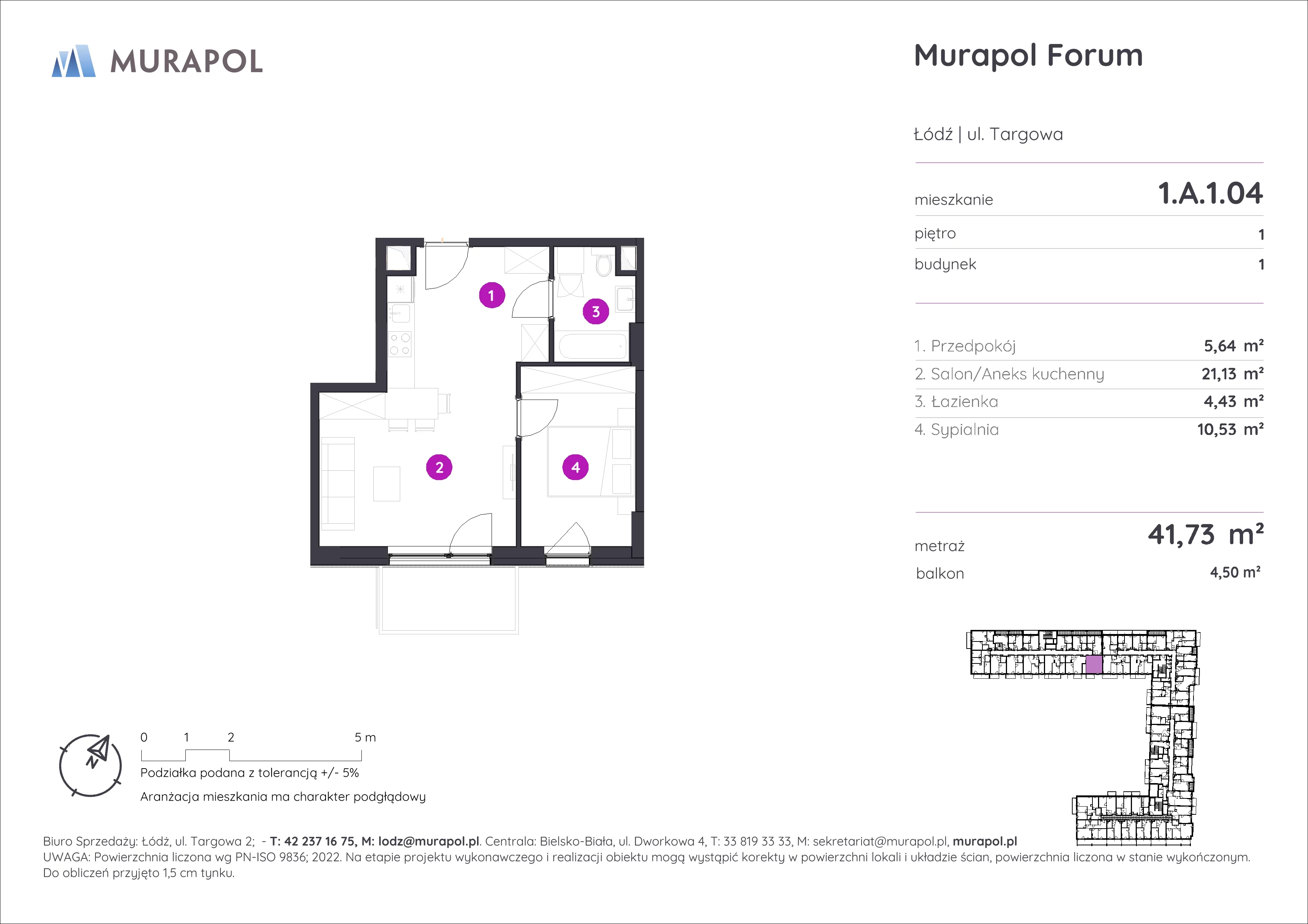 2 pokoje, mieszkanie 41,73 m², piętro 1, oferta nr 1.A.1.04, Murapol Forum, Łódź, Śródmieście, ul. Targowa