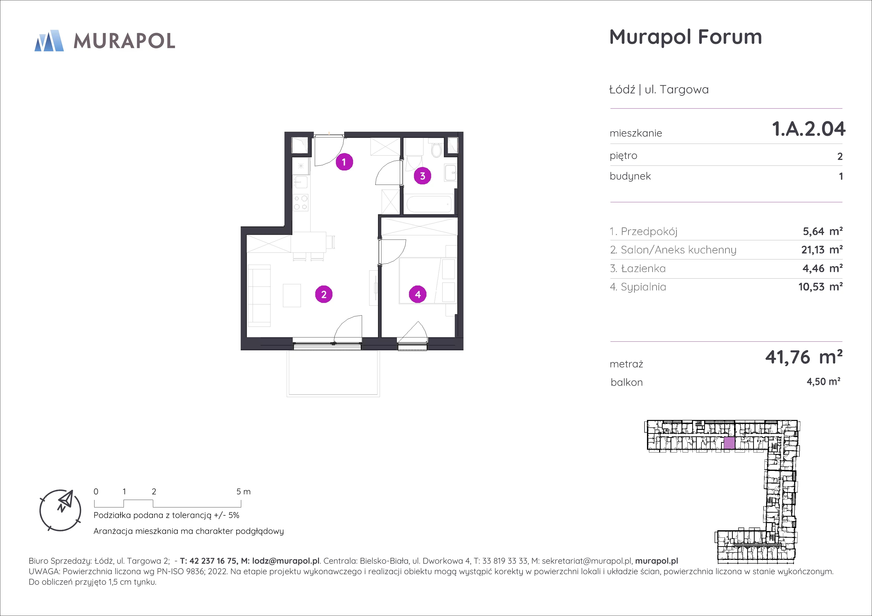 Mieszkanie 41,76 m², piętro 2, oferta nr 1.A.2.04, Murapol Forum, Łódź, Śródmieście, ul. Targowa