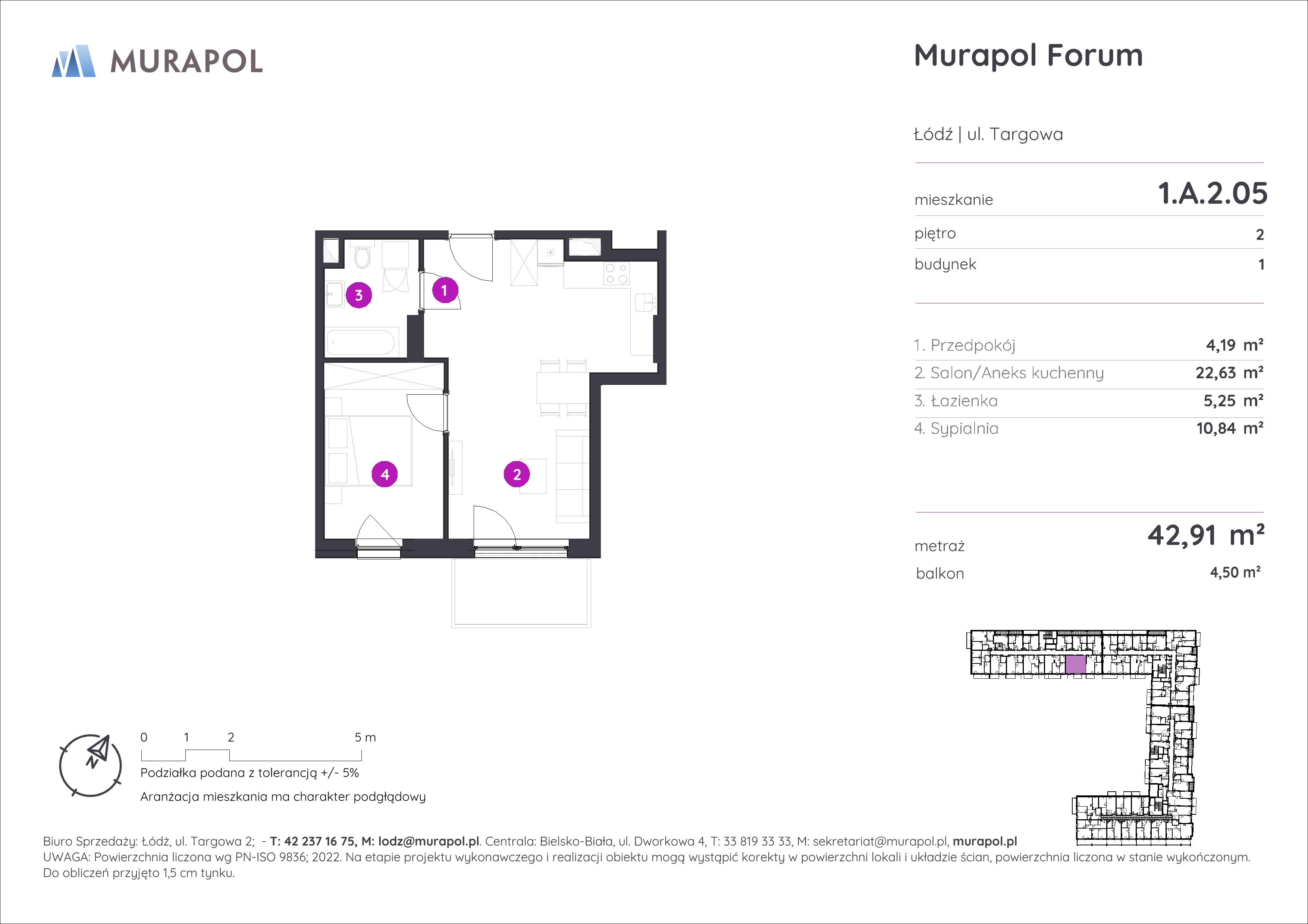 2 pokoje, mieszkanie 42,91 m², piętro 2, oferta nr 1.A.2.05, Murapol Forum, Łódź, Śródmieście, ul. Targowa