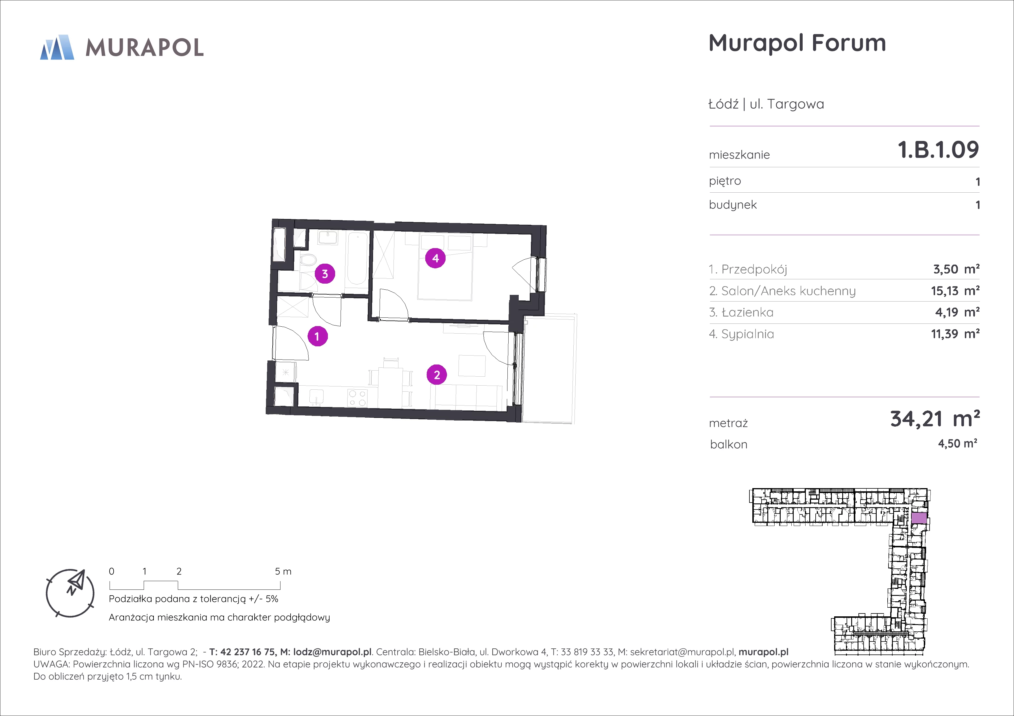 2 pokoje, mieszkanie 34,21 m², piętro 1, oferta nr 1.B.1.09, Murapol Forum, Łódź, Śródmieście, ul. Targowa