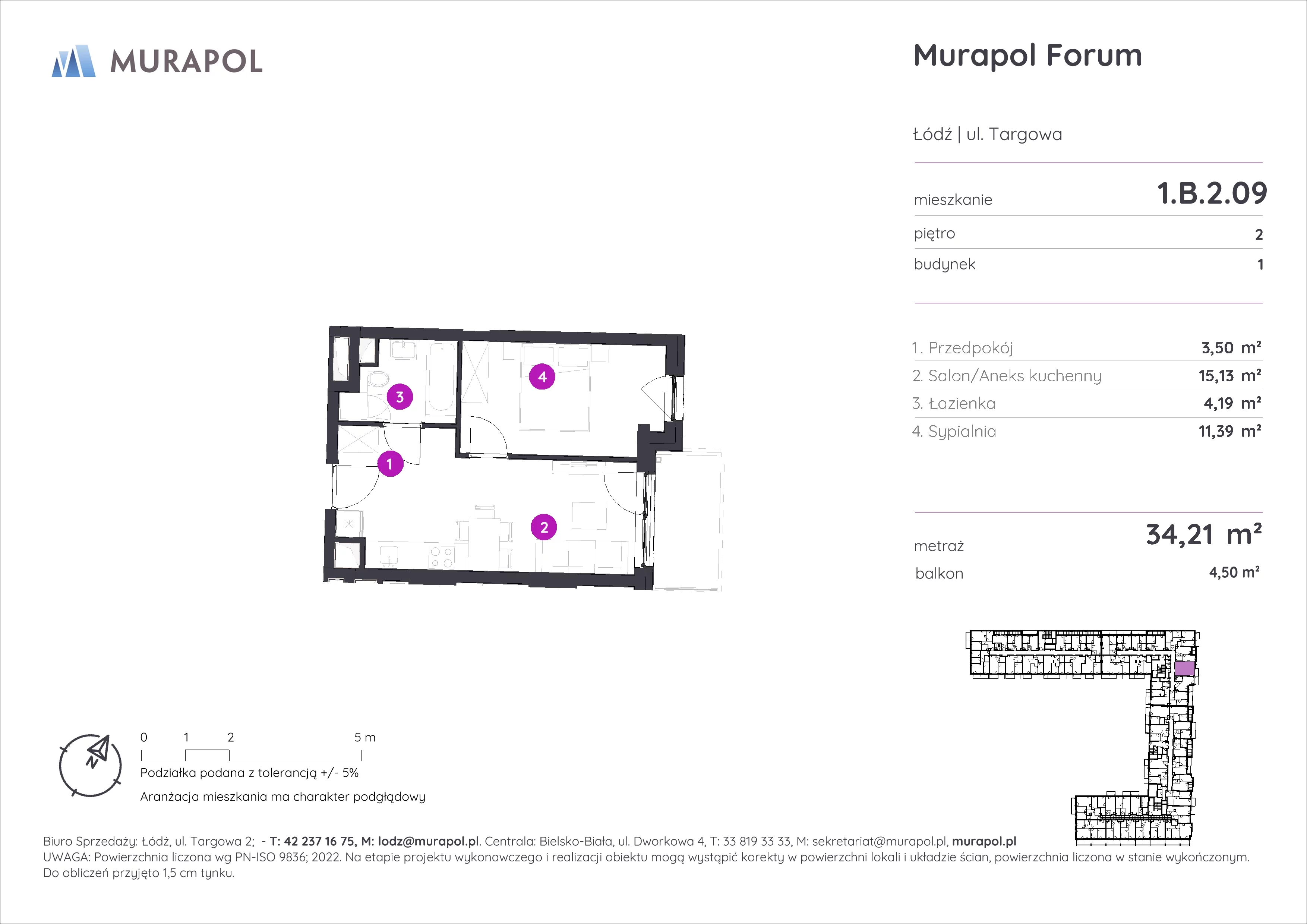 Mieszkanie 34,21 m², piętro 2, oferta nr 1.B.2.09, Murapol Forum, Łódź, Śródmieście, ul. Targowa