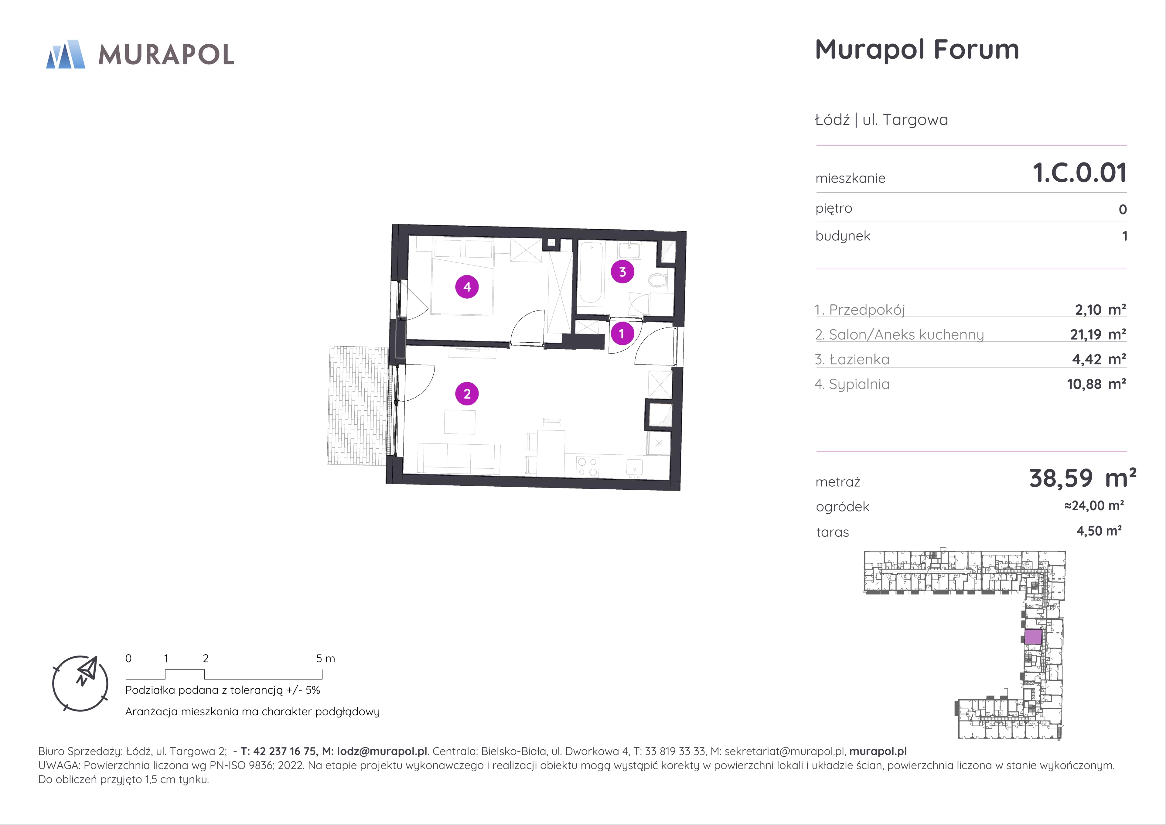 2 pokoje, mieszkanie 38,59 m², parter, oferta nr 1.C.0.01, Murapol Forum, Łódź, Śródmieście, ul. Targowa