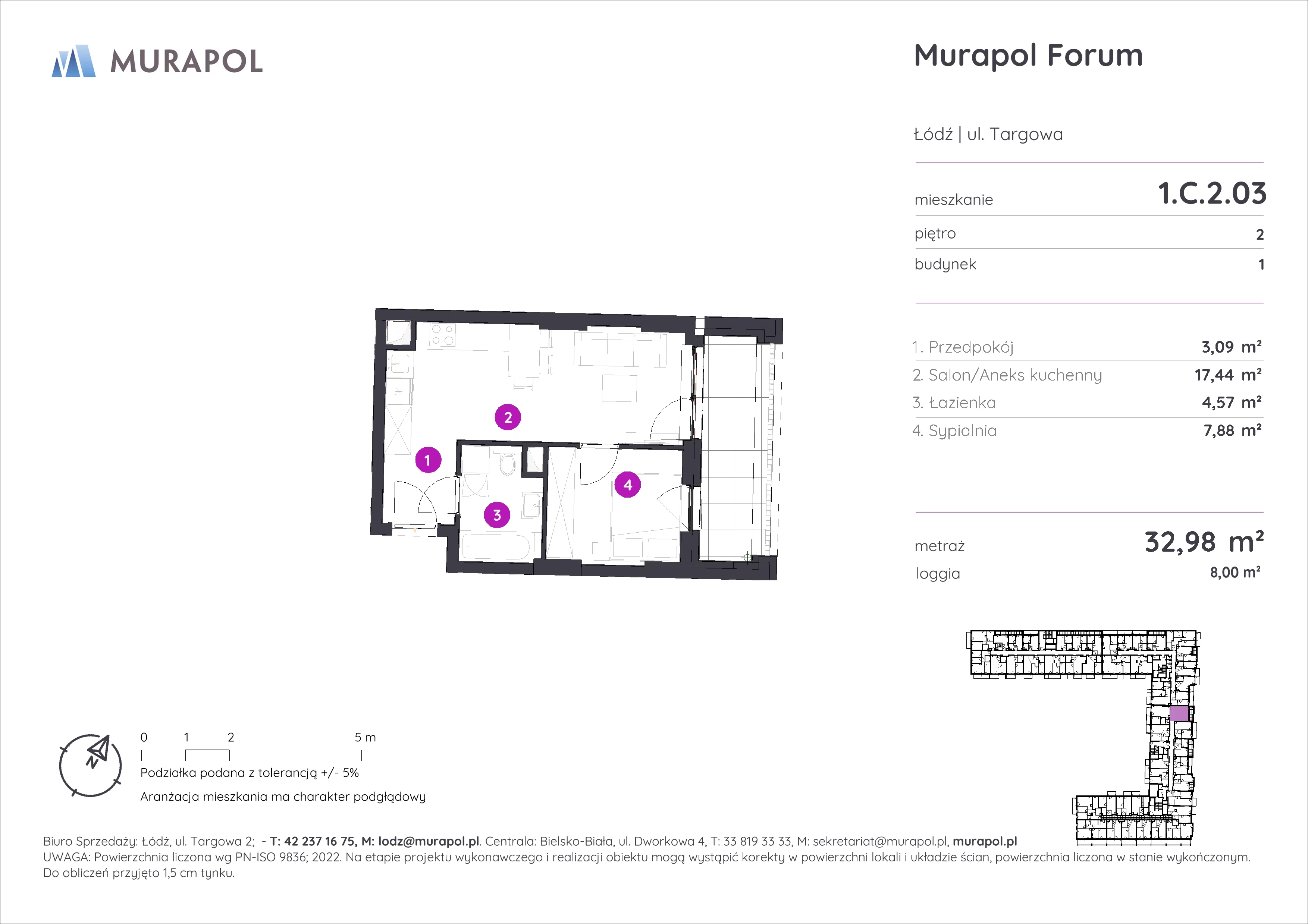 2 pokoje, mieszkanie 32,98 m², piętro 2, oferta nr 1.C.2.03, Murapol Forum, Łódź, Śródmieście, ul. Targowa