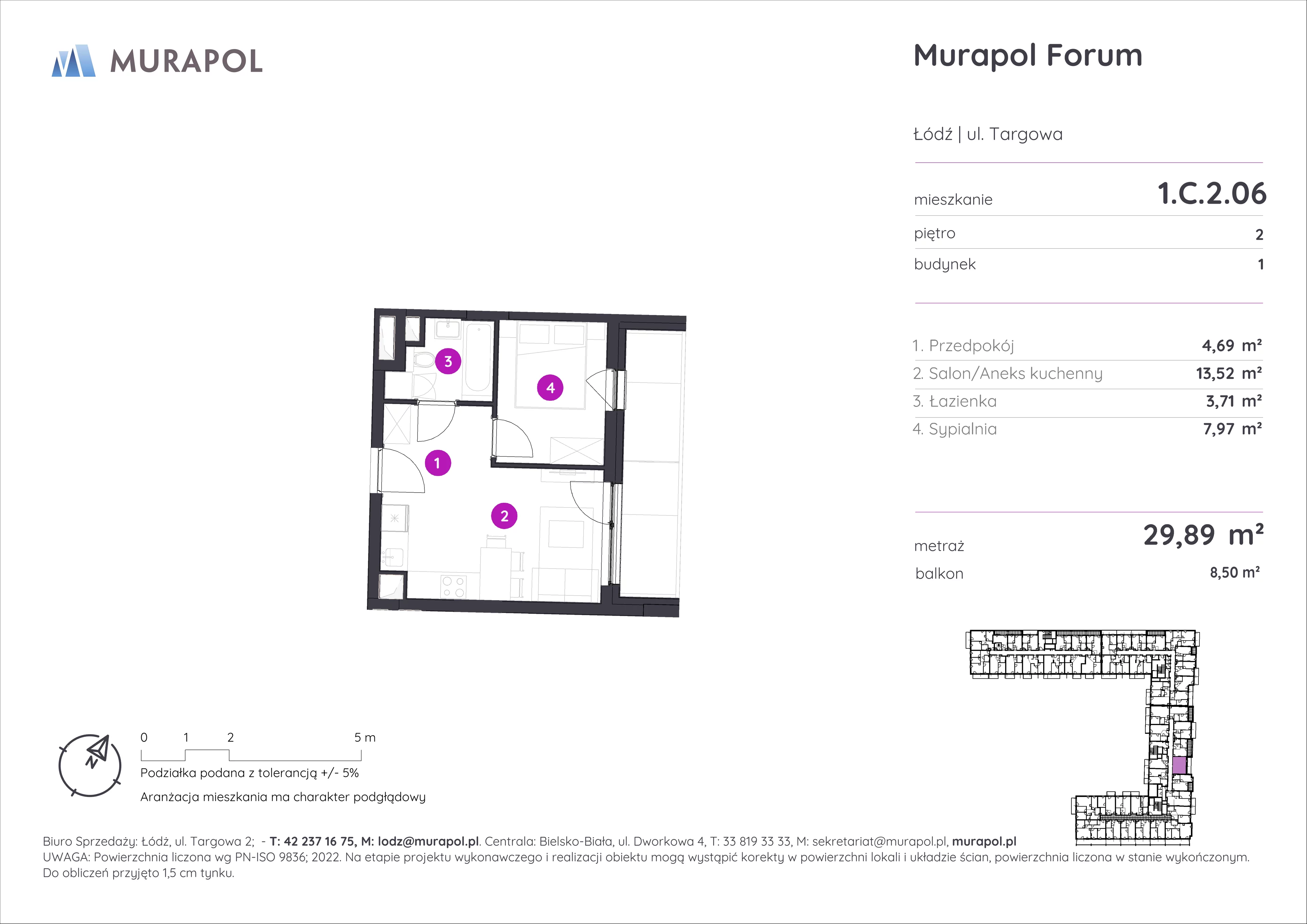 2 pokoje, mieszkanie 29,89 m², piętro 2, oferta nr 1.C.2.06, Murapol Forum, Łódź, Śródmieście, ul. Targowa